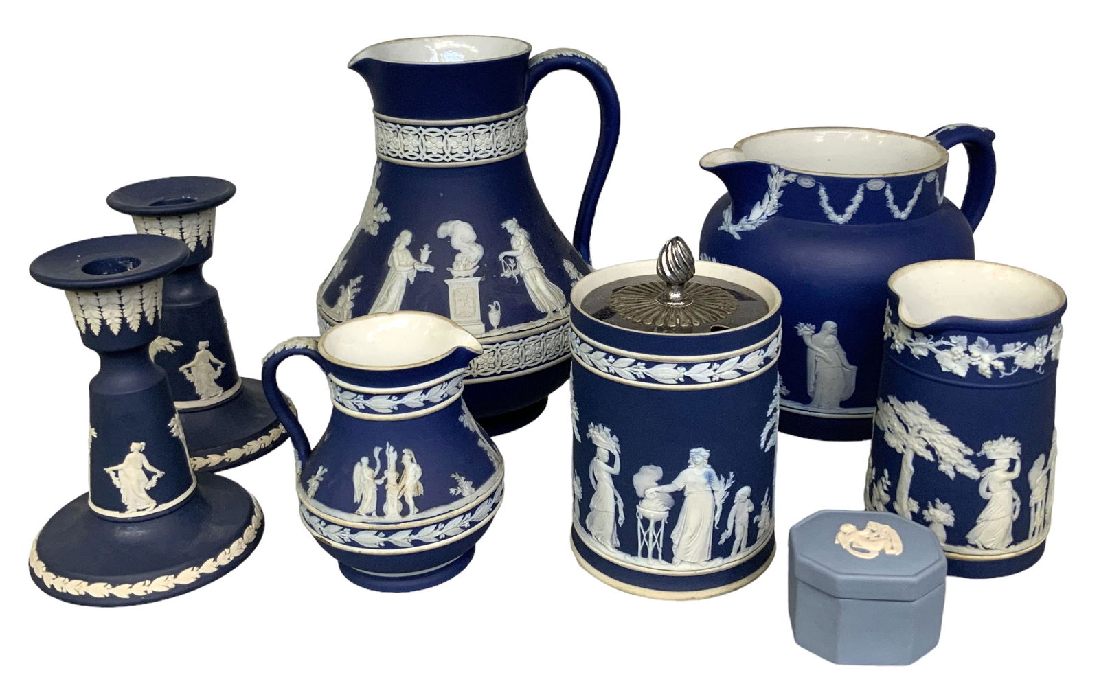 Lot: 8 Pcs. of Wedgwood Blue Jasperware. (1 of 2)