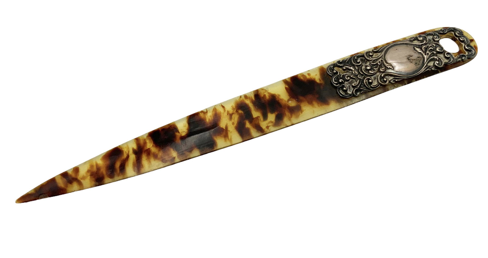 7 1/2" Sterling and Tortoise Shell Letter Opener.: This Antique Letter Opener has a Chip near the point. The silver has some Tarnish. In-house Shipping is Available. Please see our Website regarding in-house Shipping Procedures.