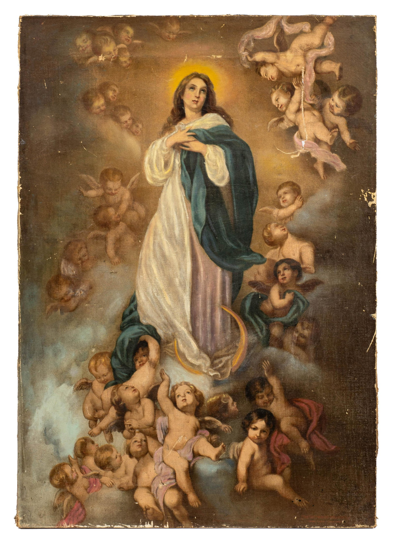 Old Religious Print on Canvas or Giclee.: The subject is "Immaculate Conception". The Original work was done by Sister Mary Osithe of St. Ann's Academy. This Giclee has a Long Rip in it, Several small holes, and Scratches and Wear along the E