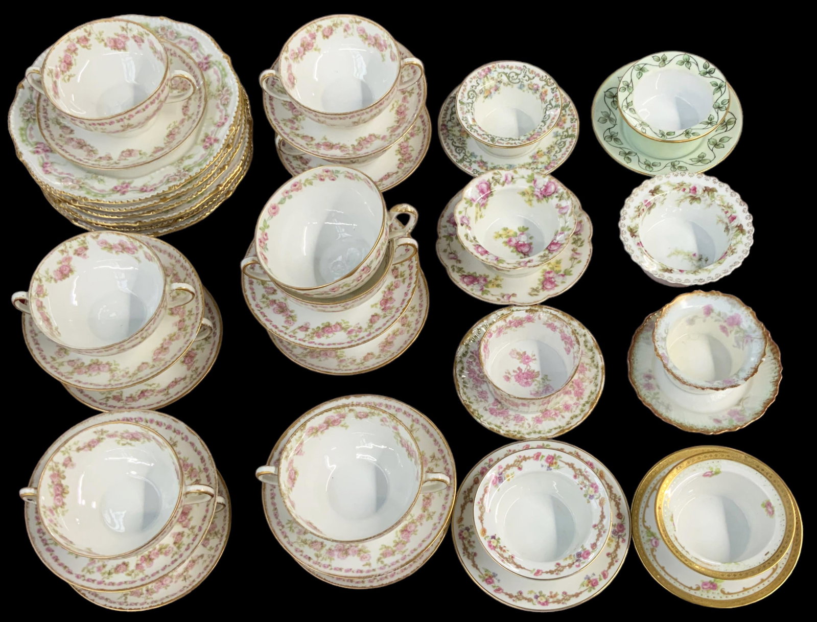 Lot of Mostly French Limoges Porcelain Pieces.: This lot mostly contains pink floral GDA Limoges. Other pieces included are Hutschenreuther, JPL, Haviland, Higgins & Seiter, Wright Tyndale & Van Roden, Stern Brothers, Old Abbey, and T.C - Hilton & 