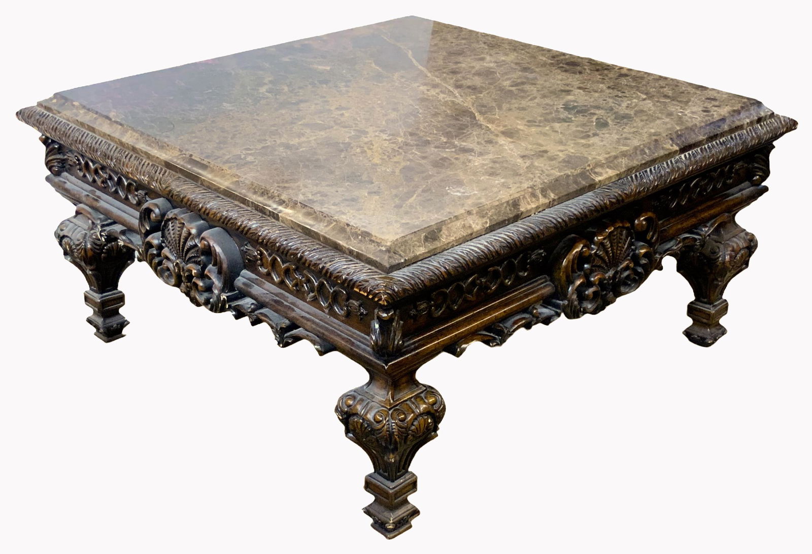 Large Carved Marble-Top Square Coffee Table. (1 of 2)
