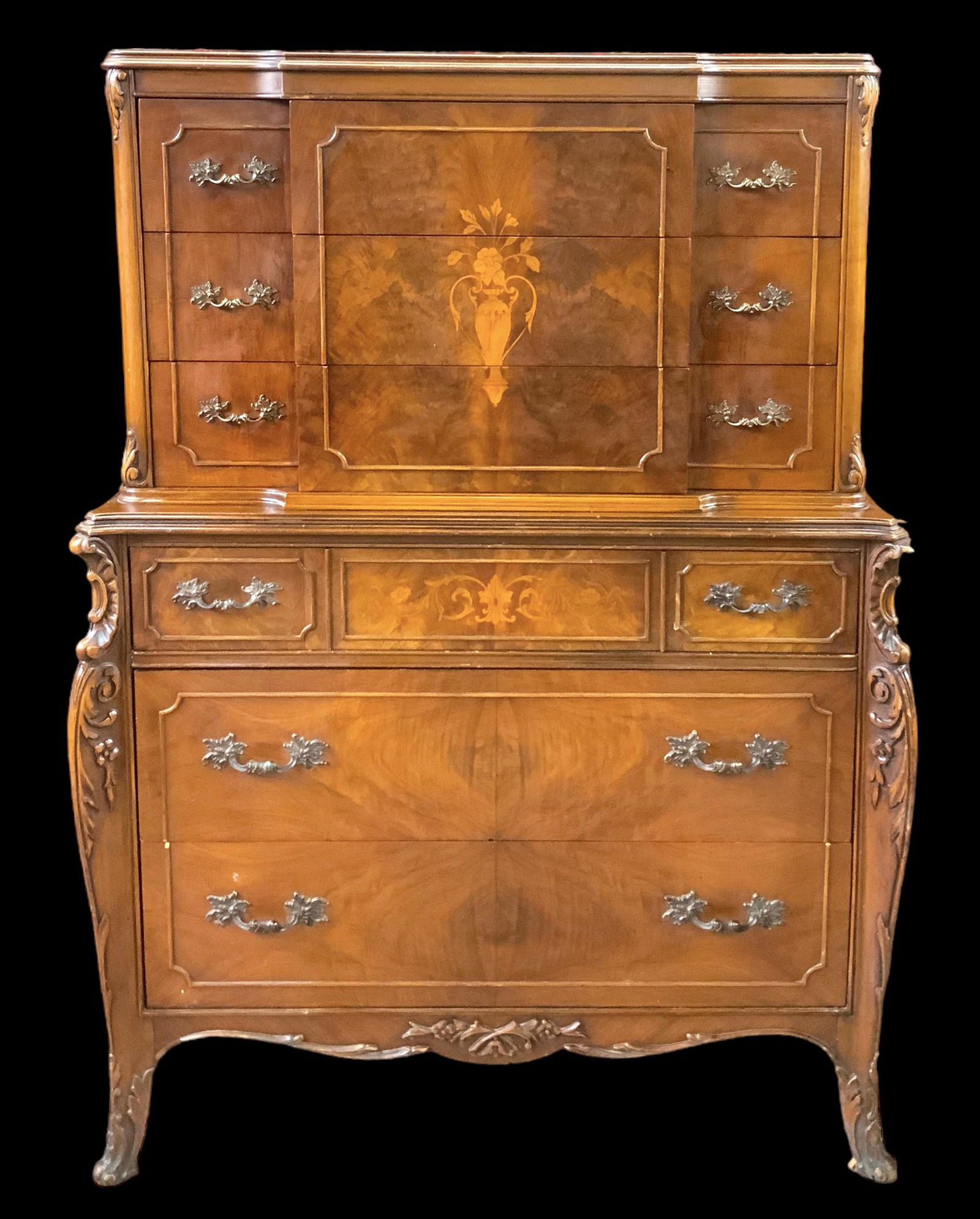French Carved & Inlaid Highboy & Non-Matching Bed. (1 of 2)