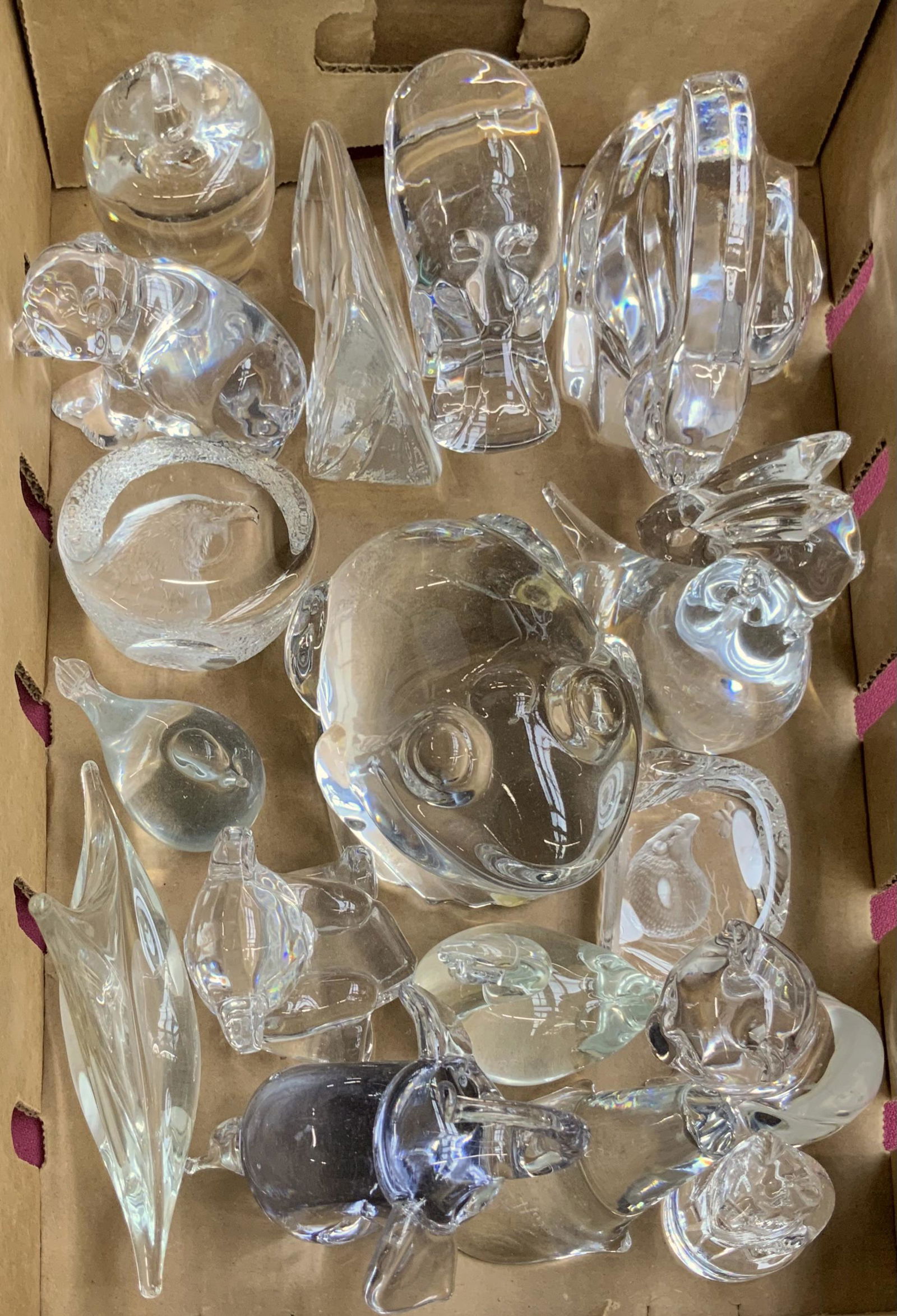 Lot of Crystal Figurines & Paperweights, Some Sgd.: The lot includes a Waterford Bear, a Spode Seal, a Princess House Cat, a Capredoni Mammal & Butterfly Paperweight, a Gunnar Ander Lindshammar Bird, a signed Crystal Eagle Paperweight, a Large made in