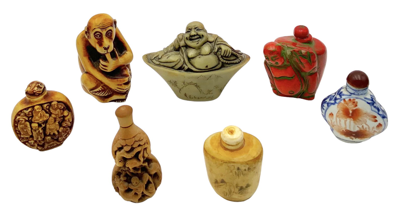 Lot of Small Asian Articles & Snuff Bottles.: The Lot Includes a Porcelain Snuff Bottle, a Bone snuff Bottle, a Red Stone Snuff Bottle, a Monkey Figure, a Buddha, etc. The Monkey is the largest item, measuring 3 1/2" Tall. In-house Shipping is Av