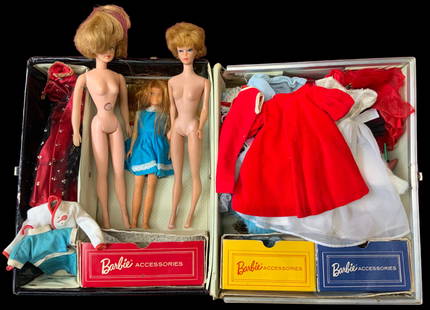 Barbie Wardrobe Case w/ Vintage Outfits & 3 Dolls.: The three dolls include a Skipper, a Tressy, and a bubblecut Barbie. The lot includes dresses, hats, handbags, shoes, and several other pieces that may or may not be related to Barbie. There is a bit