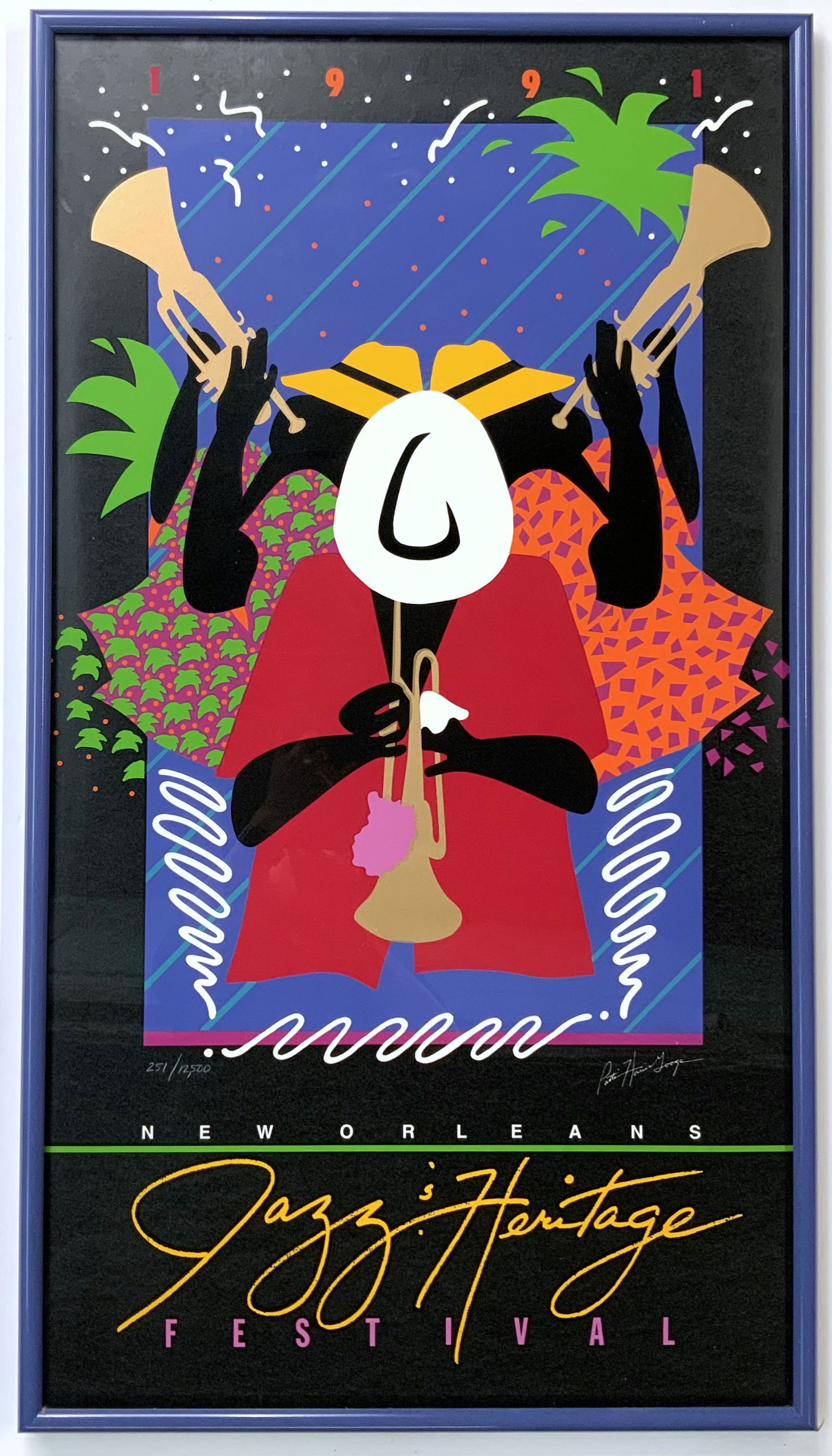 1991 New Orleans Jazz & Heritage Festival Poster.: It is a colorful design, featuring 3 Trumpet players with vibrant shirts and fedora hats. The Poster is Signed by artist Patti Harris Googe. It is Numbered 251/12,500. The Poster Looks to be in Great
