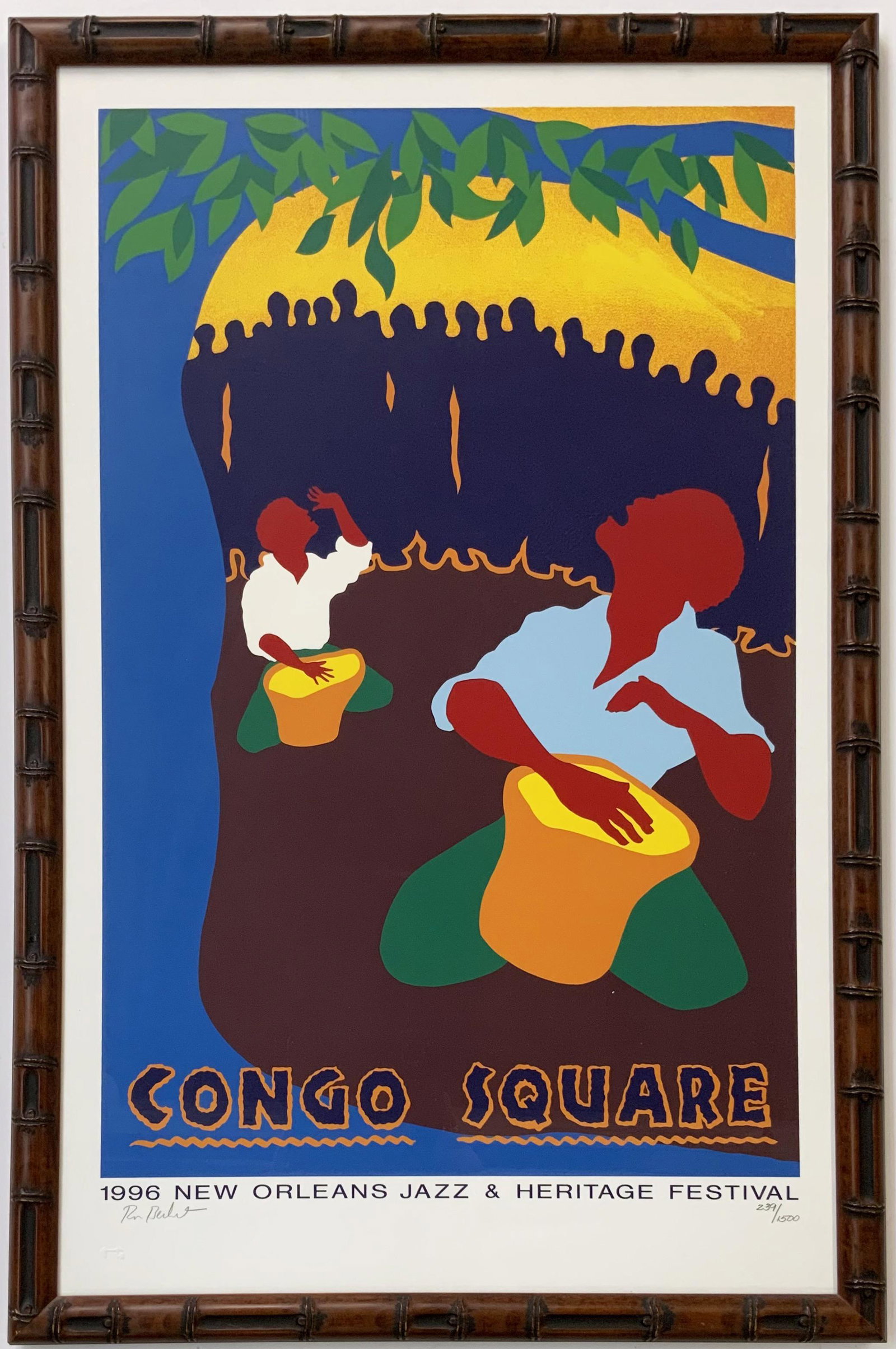 1996 New Orleans Jazz & Heritage Festival Poster.: It is the "Congo Square" design, Signed by artist Ron Bechet. It is Numbered 239/1500. It Looks to be in Great condition. It is house in a bamboo-style frame, protected under glass. The Sight measurem