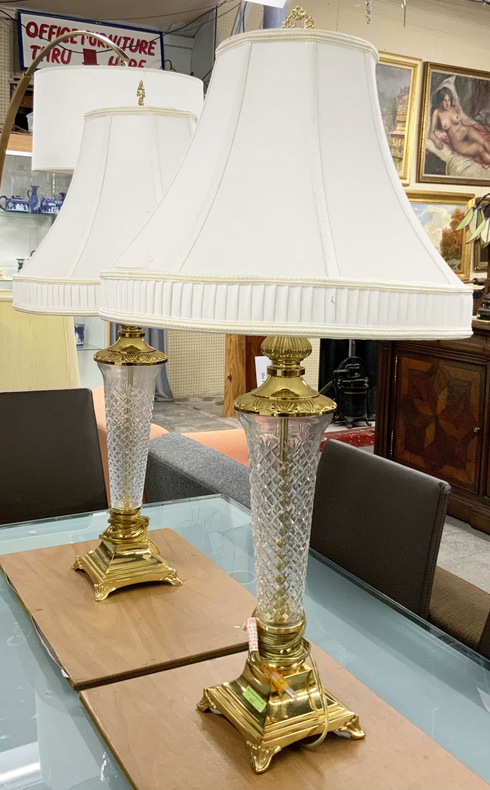 Pair of Glass and Brass Table Lamps. (1 of 1)