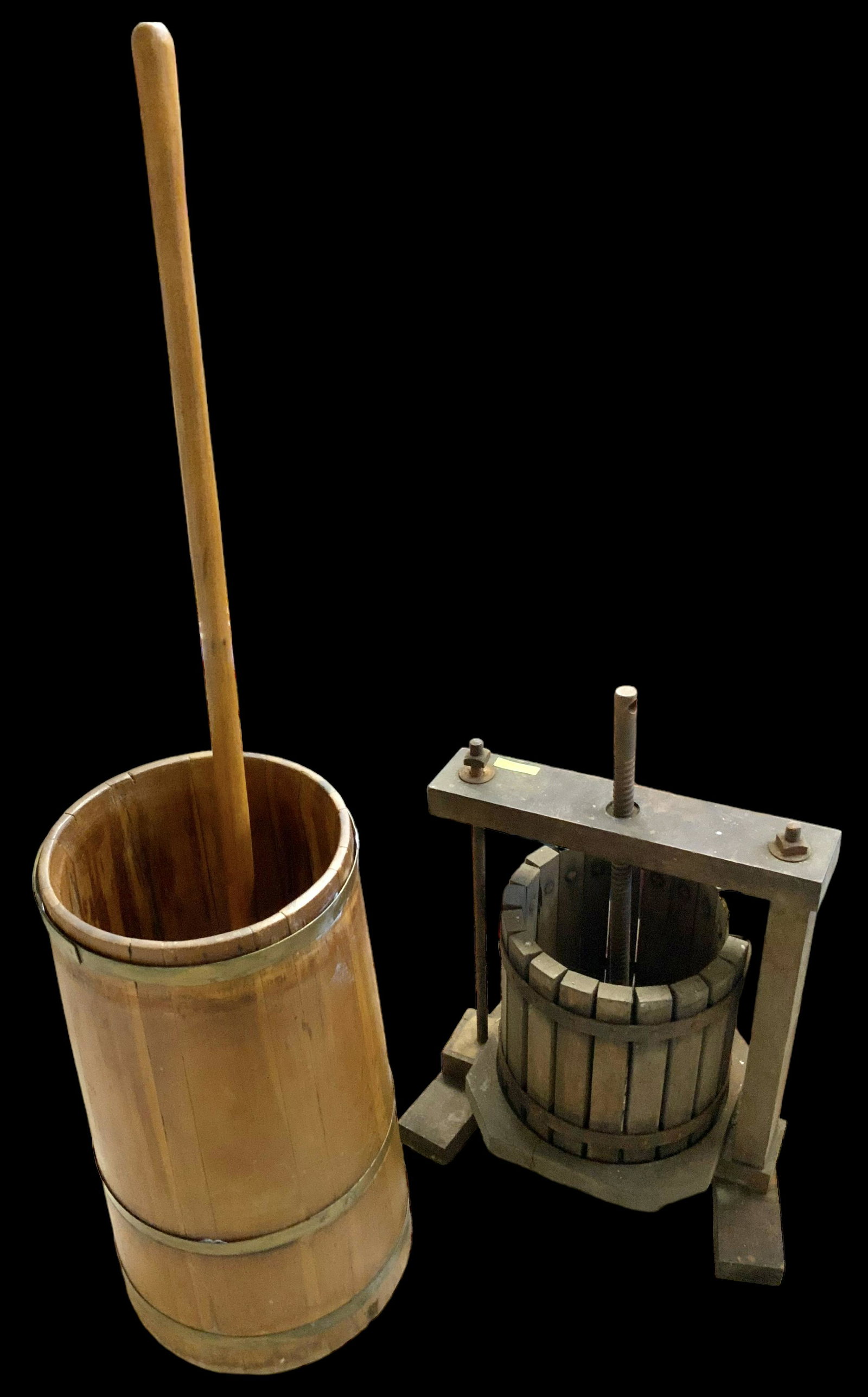 Wine Press and Wooden Butter Churn.: This lot consists of a smaller wine press in unrestored, but working condition. The wooden butter churn appears to be in nice overall condition. The Churn measures 21" tall, and 10" in Diameter . The 