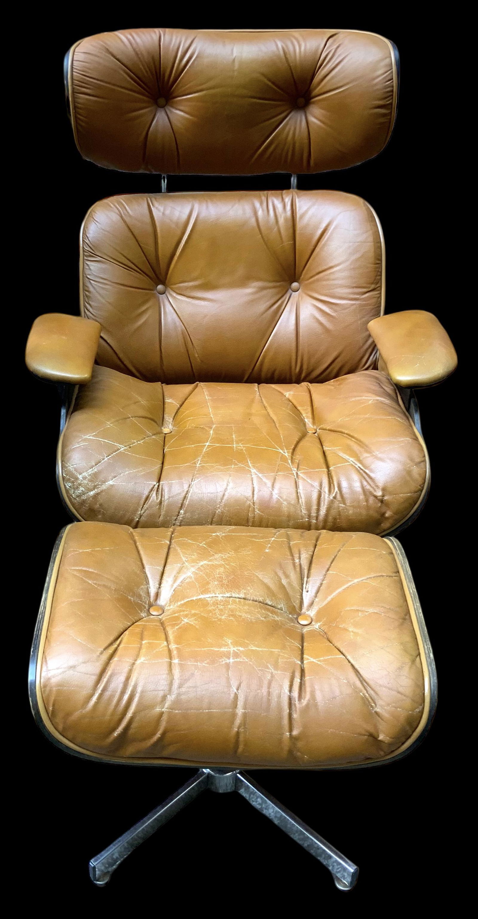 Plycraft Selig Chair and Ottoman..: A Plycraft Selig easy chair and matching ottoman in tan leather. The Bentwood and chrome frame is in good condition. The Leather shows signs of heavy use. The Chair measures 38" x 32" x 31". The Ottom