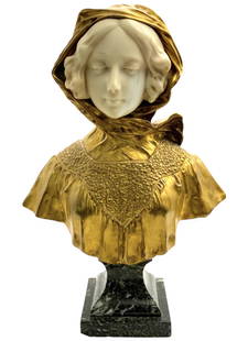 Affortunato Gory Gilded Bronze Bust of Woman.: The Bust is Signed on her right shoulder, "A. Gory Paris". She has a carved alabaster head, a gilded bronze blouse with head scarf, and a green and white marble base. There are some Chips on the marbl