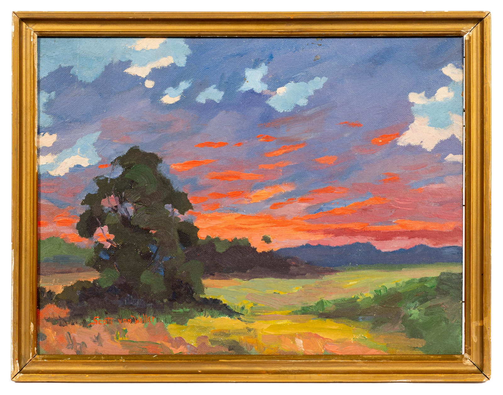 Scott Von Weller Oil Landscape on Board.: An Expressionist oil painting on canvas art board of a bright sunset over a field. The Painting is Signed lower left Scott Von Weller. It is in Very good condition. The Frame is worn and chipped. The 