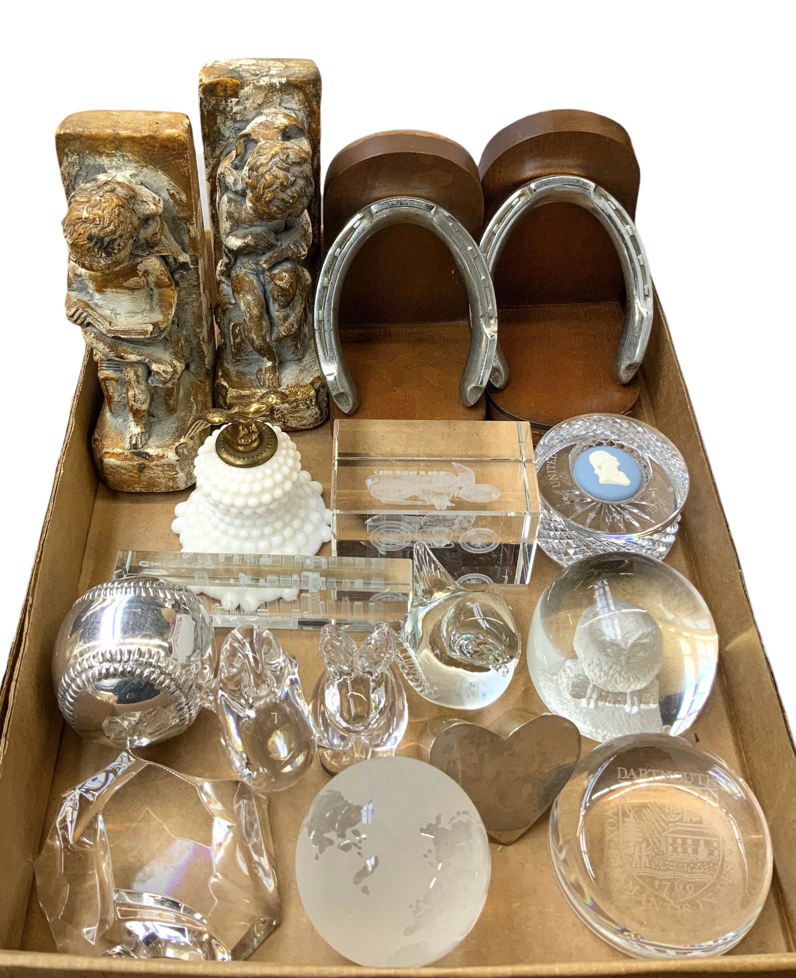Lot of Asst. Paperweights, Small Clocks, Bookends. (1 of 1)