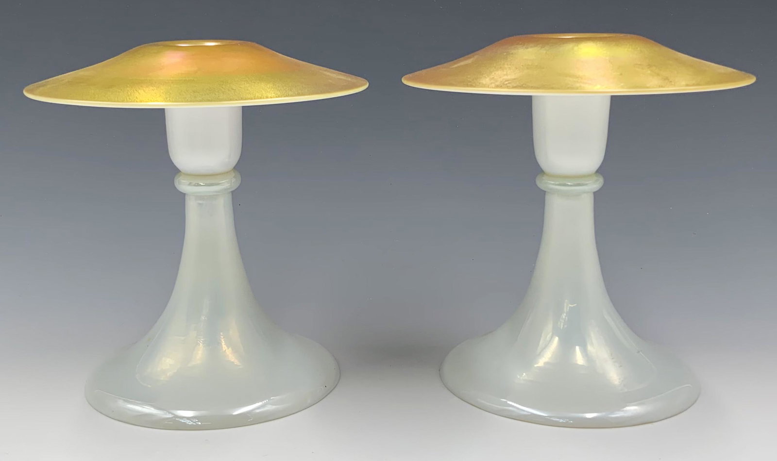 Pr. of Steuben Calcite & Gold Aurene Candlesticks. (1 of 3)