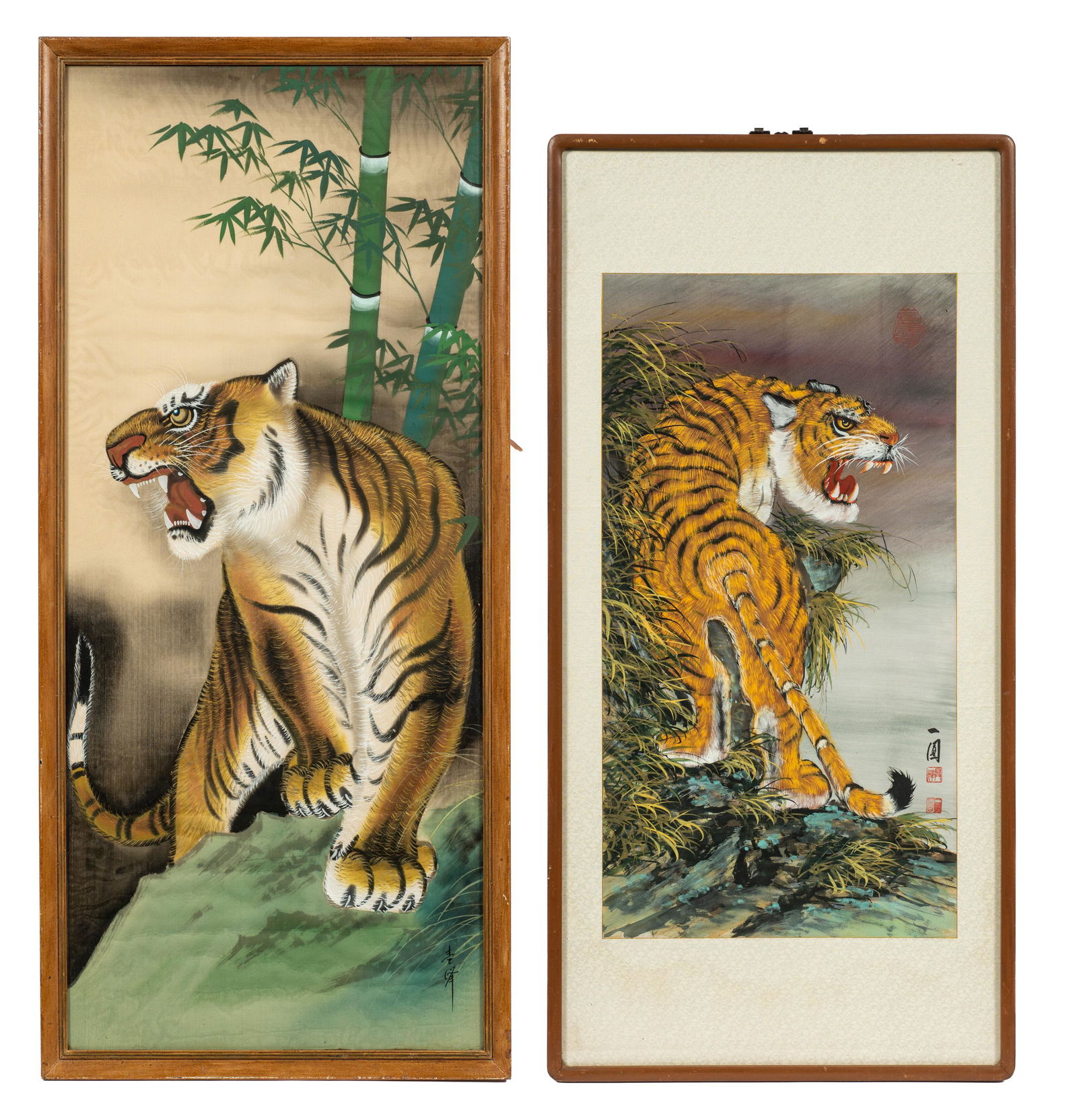 Pair of 2 Asian Tiger Gouache Paintings on Silk. (1 of 9)