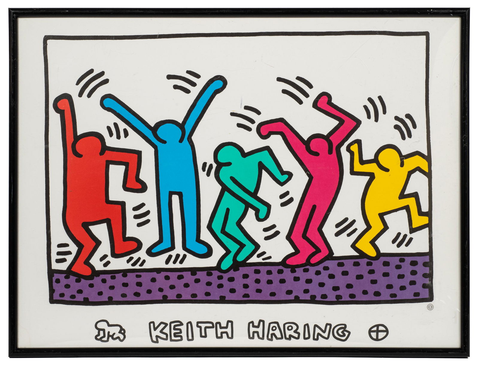 Keith Haring Poster, "Five Dancing Figures".: A Keith Haring poster en verso referred to as "Five Figures Dancing". It is framed in a Plastic frame with a plexiglass front. The Sight area measures 23 1/4" x 31 1/8". The Frame measures 24 1/2" x 3