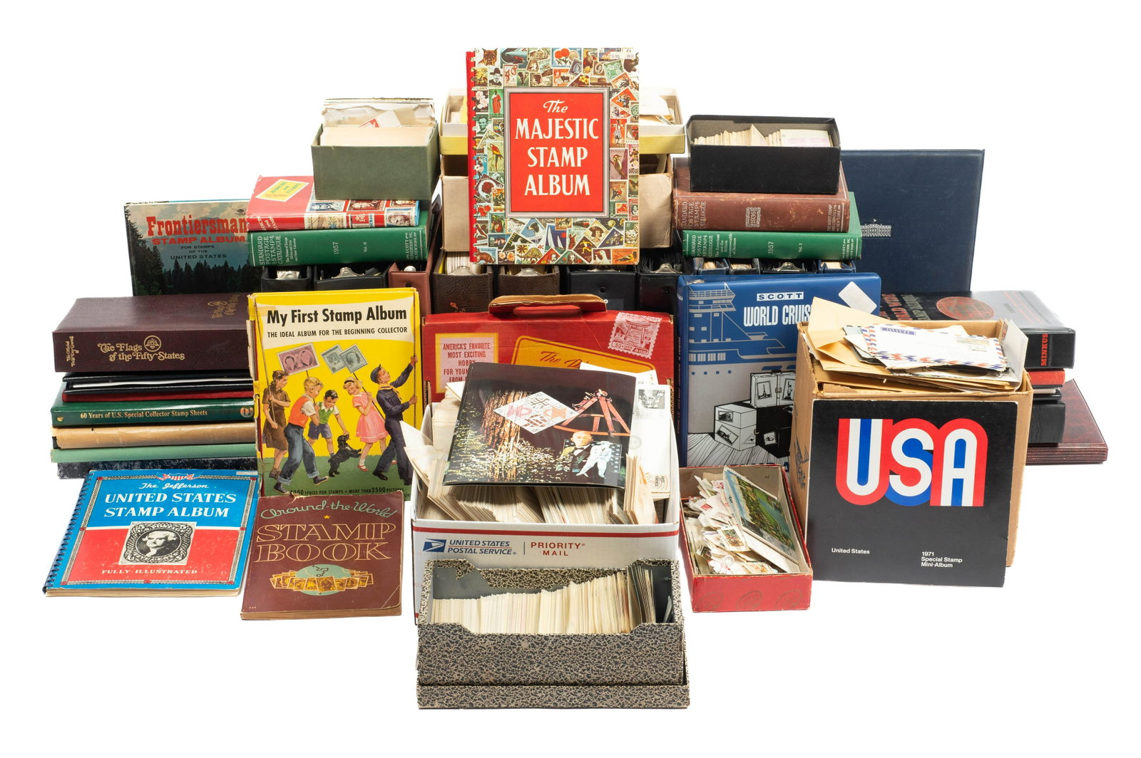 Massive Lot of Stamps and Stamp Albums.: There are a Couple of Boxes of Unused Stamp Blocks in Cellophane Holders (See Photo). Also, Stamp Albums, Commemorative Books of First Day Covers, etc. - In-house Shipping is Available. There is a lot