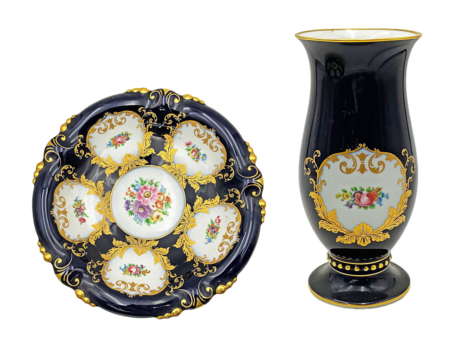 Hutschenreuter Cobalt & Gold Lg. Bowl & Vase.: The Two Pieces are Matching, and both are in Good Condition. The Vase measures 8 3/4" Tall. The Bowl measures 12 3/4" in Diameter, and 3" Tall. In-house Shipping is Available. Please see our Website r