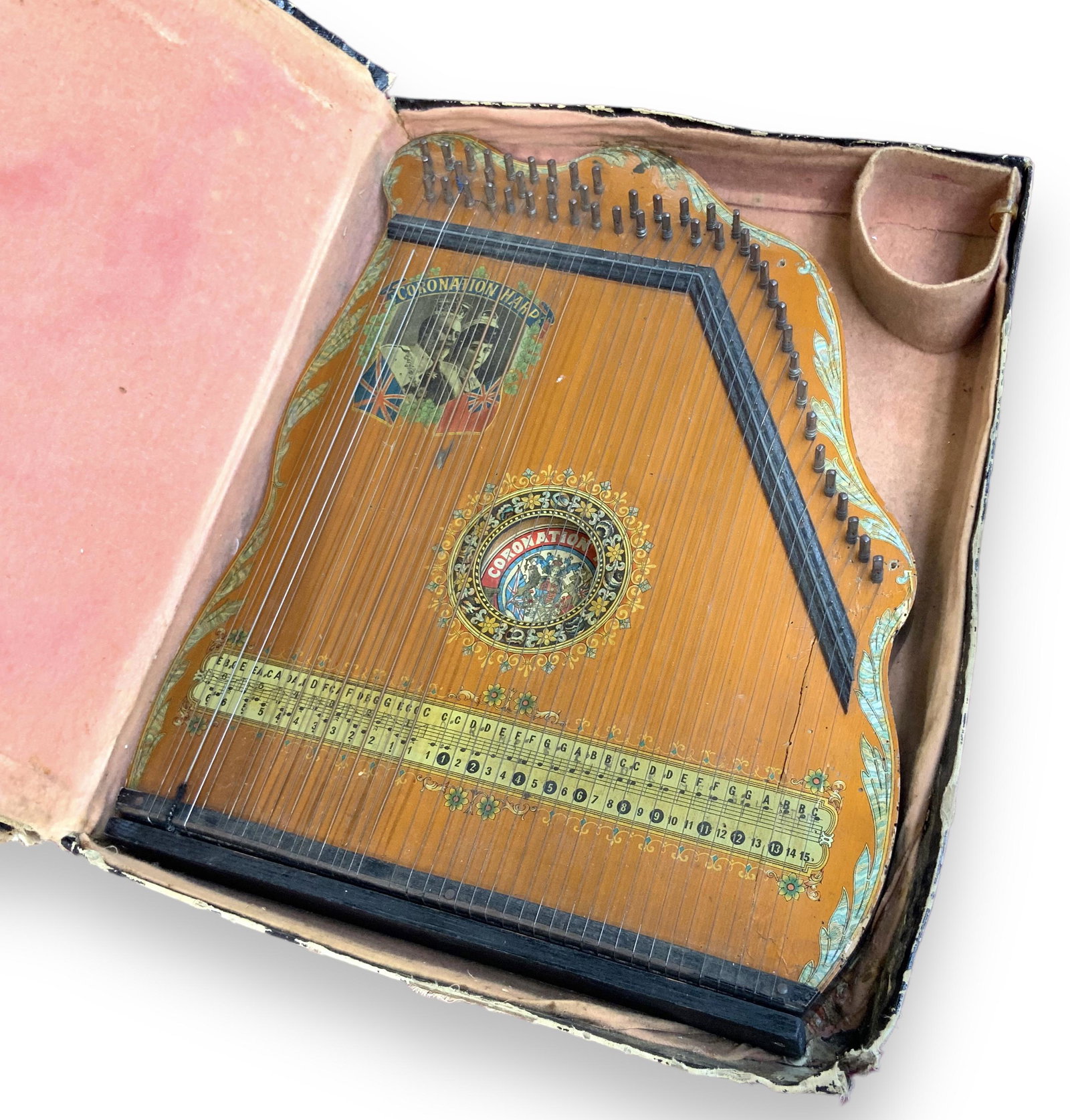 Vintage German Coronation Harp w/ Case.: The case has quite a lot of Wear. It has a fair amount of peeling paint and Surface Wear. There is also a noticeable Crack. The case measures 22" x 18" x 3". In-house Shipping is Available. Please see