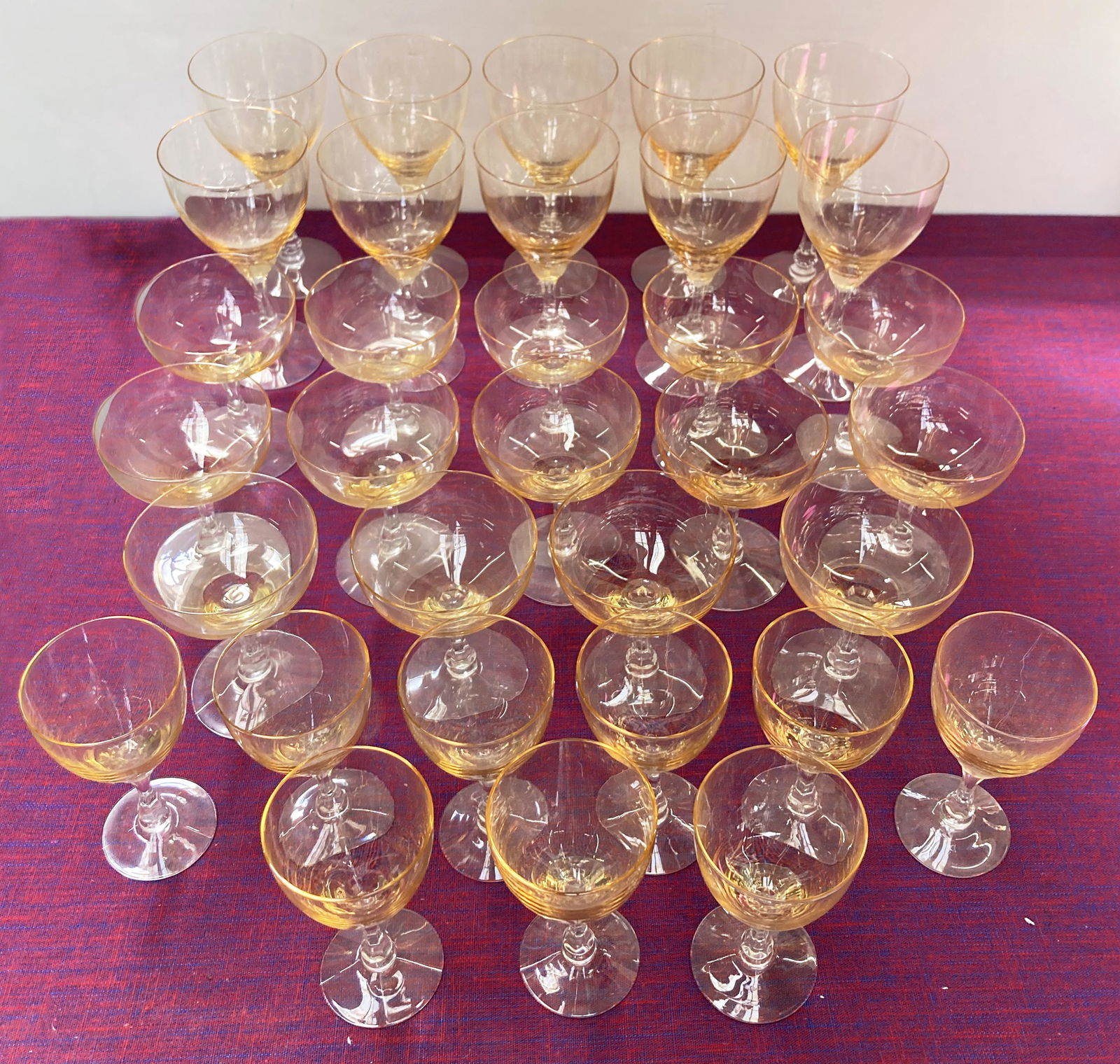33 Pcs. of Fostoria Golden Colored Glass Stemware. (1 of 2)