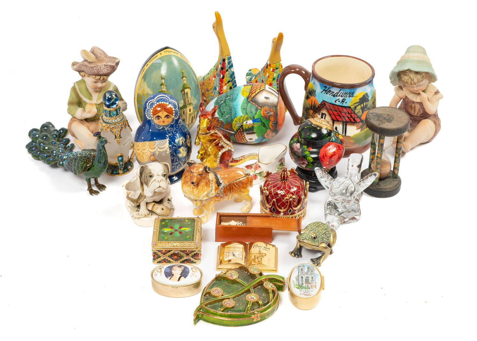 Lot: Assorted Trinket Boxes, Small Figurines, etc.: The lot Includes Russian nesting dolls, enamel and jewelled trinket boxes, knick knacks, and more. Several of the trinket boxes are marked, "Versailles". The largest piece measures 6" long. In-house S