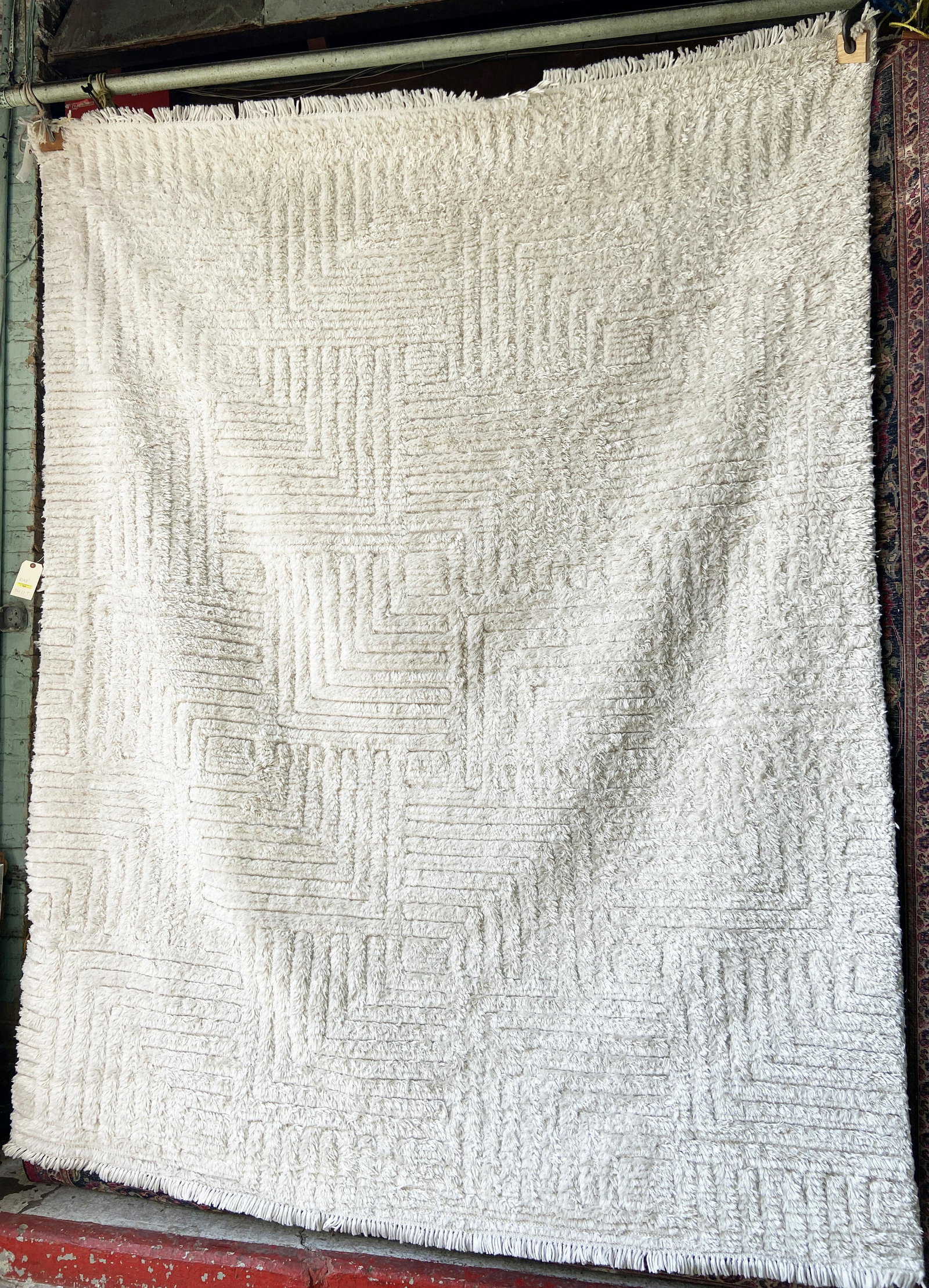 8' 1" x 10' White Modern Geometric Shag Type Rug. (1 of 2)