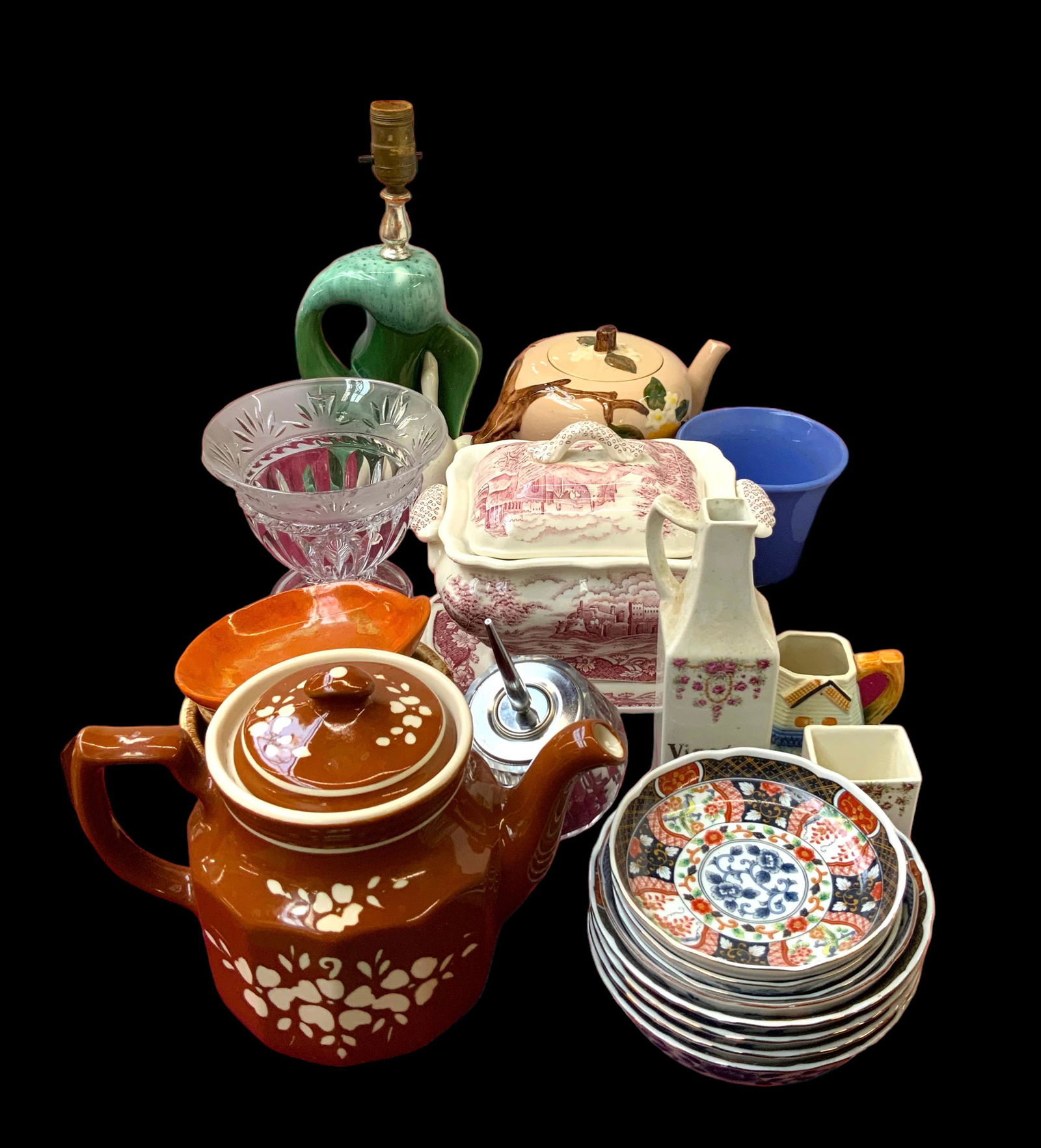 Lot: Teapots, Bowls, Tureen, Lamp, etc. (1 of 2)