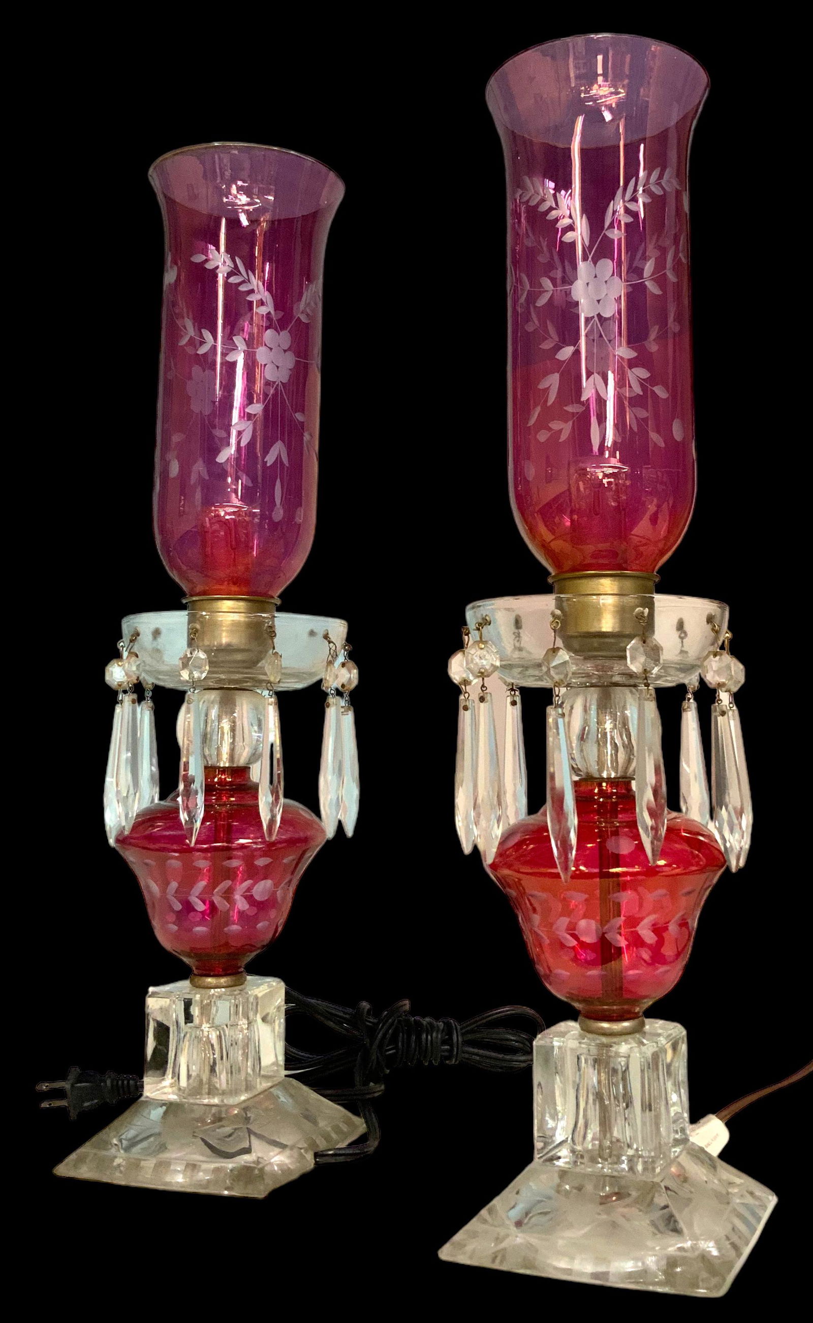 Pair of Cranberry Glass Lamps w/ Dangling Prisms. (1 of 1)