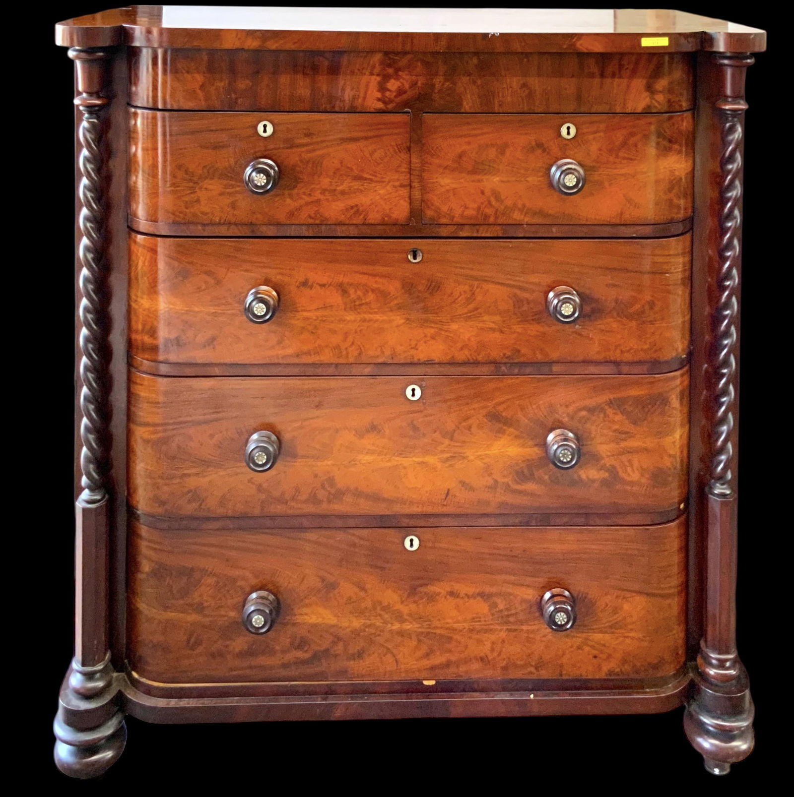 Flame Wood Antique Chest of Drawers w/Turned Sides (1 of 1)