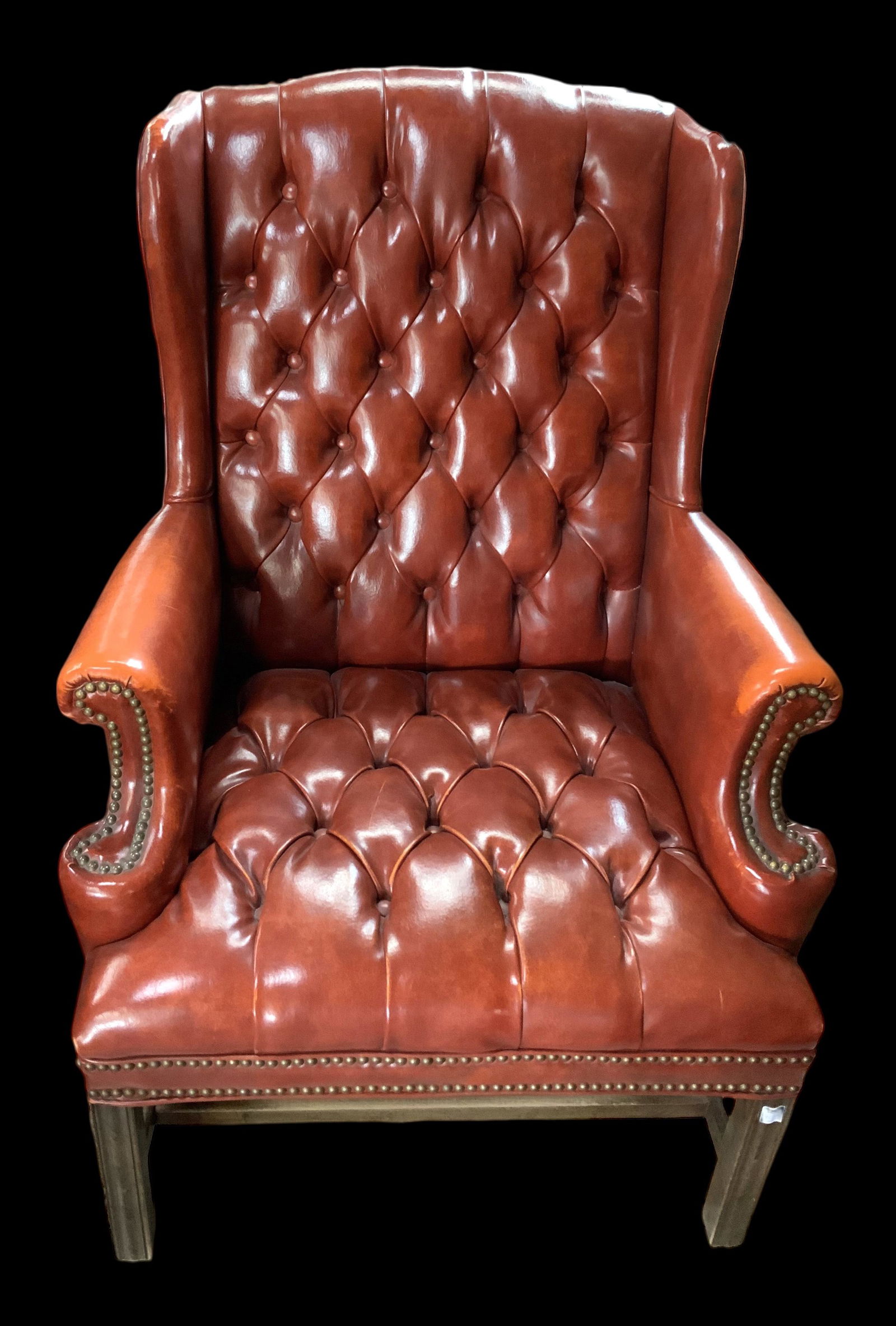 Kimball Chesterfield Leather Wingback Chair.: The Chair is in Good Overall Condition, but there is some Slight Discoloration on the Arms, and a Tiny Scratch on the Seat. The Chair measures 42" Tall, 31" Wide, and 26" Deep. Third-party freight shi