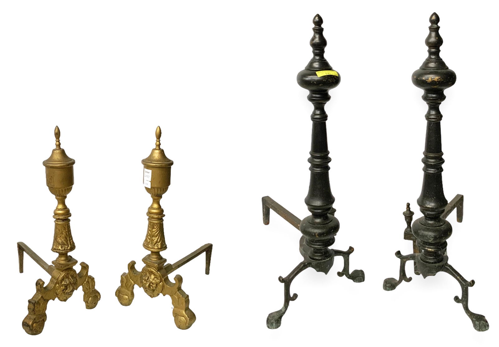 Lot: 2 Pair of Metal Andirons.: One of them is Painted a Gold Color. The Larger pair measures 24" Tall. Third-party shipping or personal pickup is required. Please see our website for our shipping recommendations.