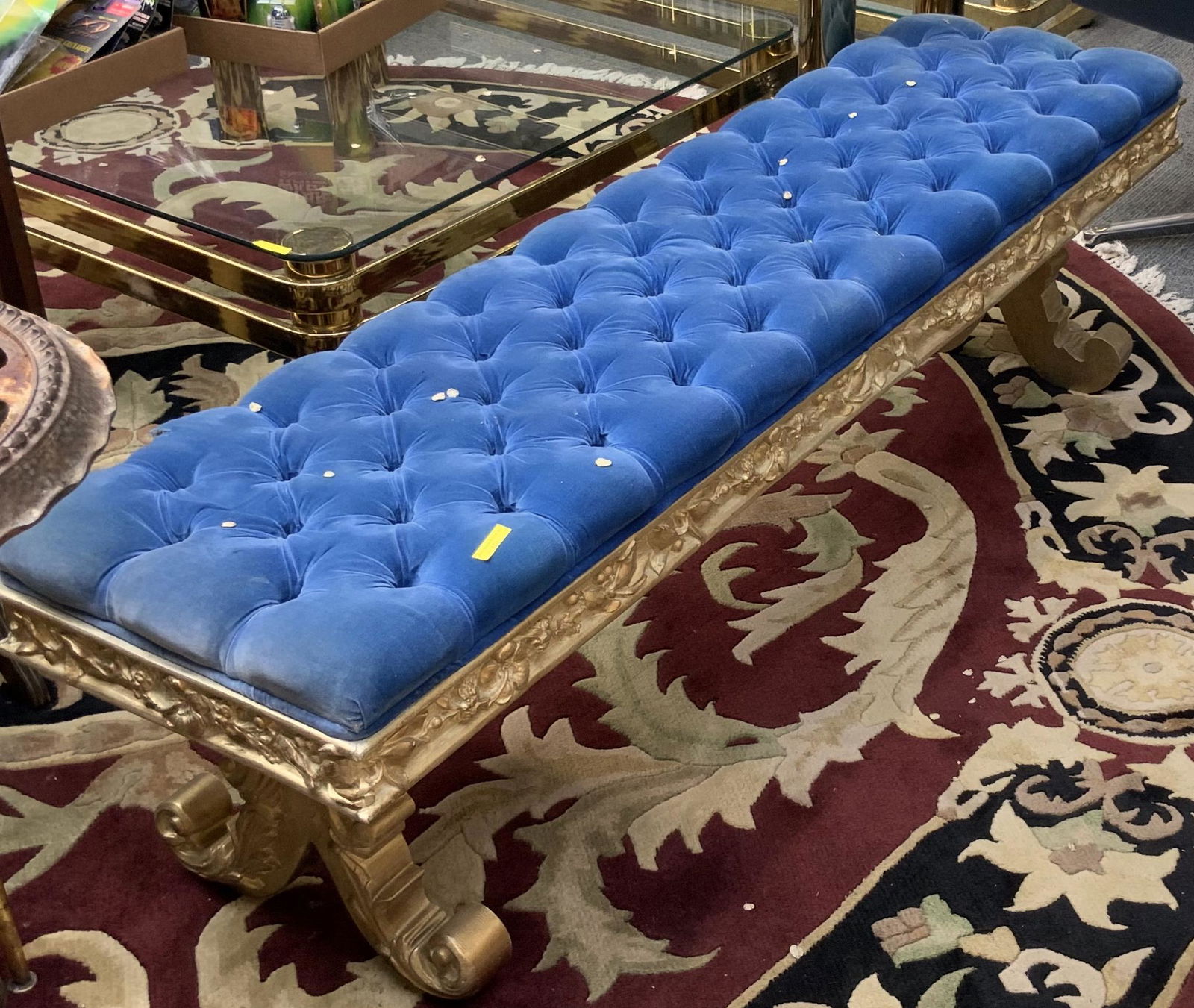 Ornate Gold-Painted Blue Upholstered Tufted Bench. (1 of 1)