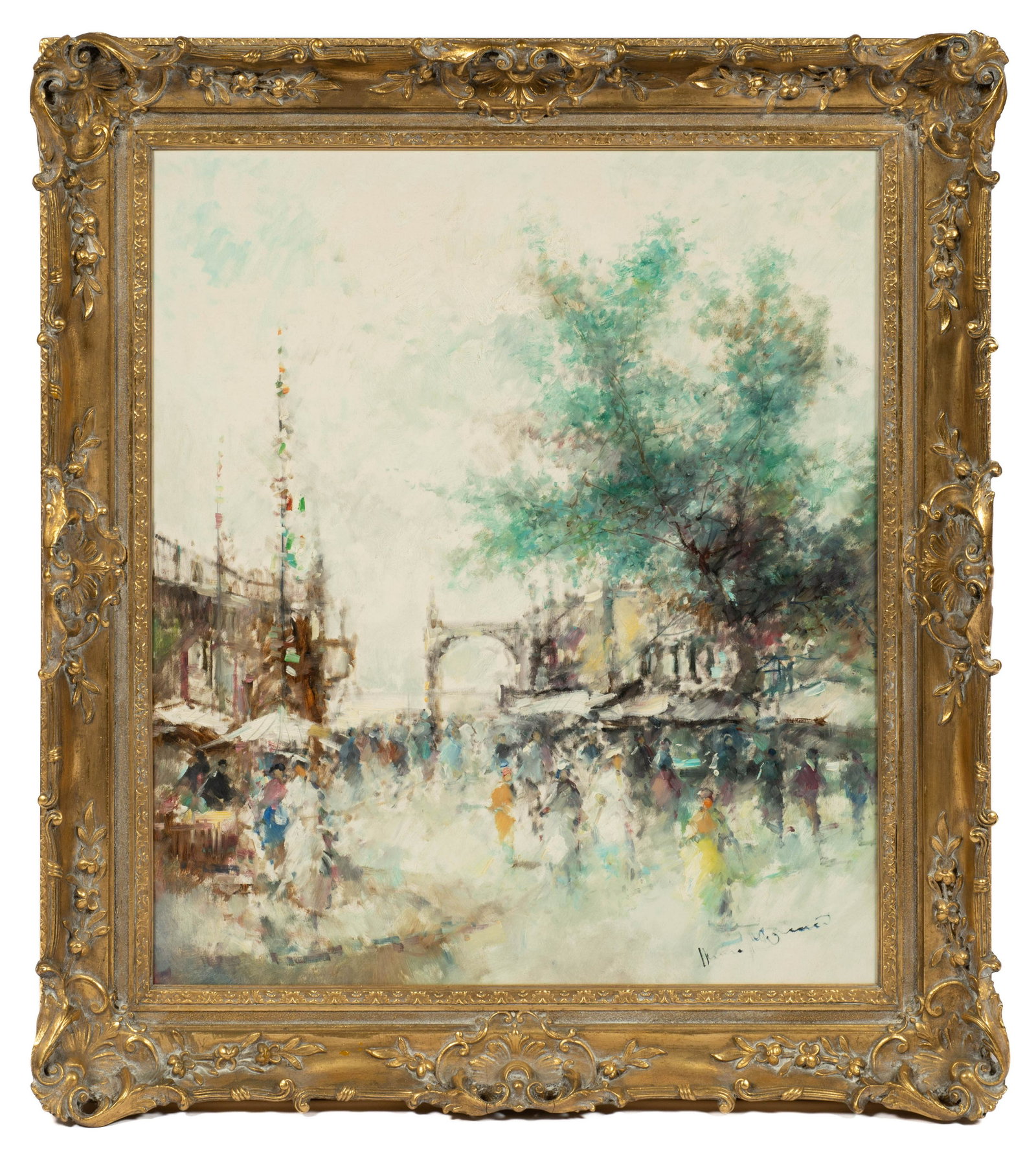 Impressionist Street Scene, Sgd. Henze Morro.: This Impressionist oil painting on canvas is by Henze Paul Morro, also known as Ingfried Paul Henze (Germany, 1925-2013). It is signed lower left, and bears a signature and stamp en verso. The frame h