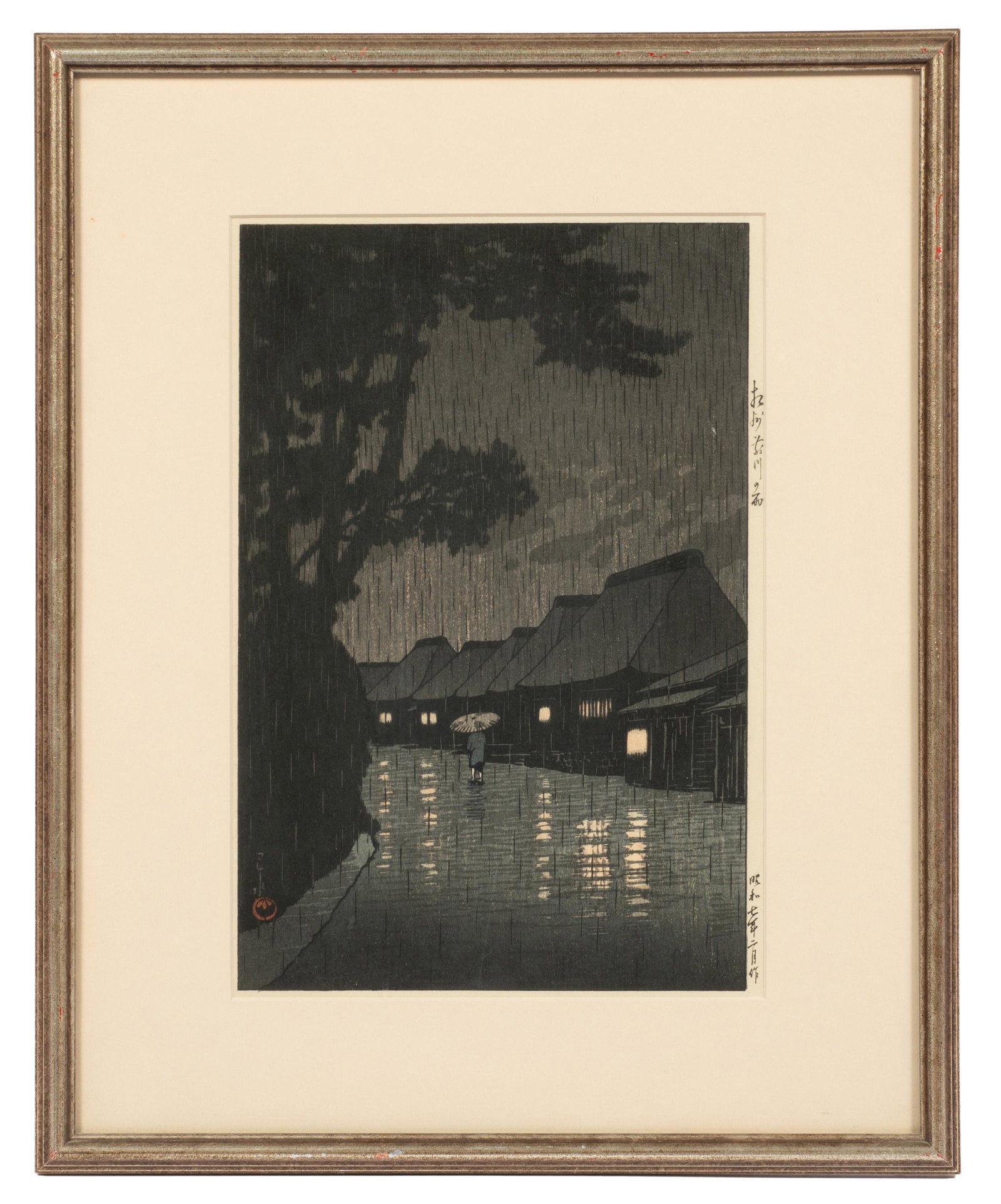 "Rain at Maekawa", Woodblock Print by Hasui Kawase: This Japanese woodblock print is titled "Night Rain at Maekawa, Kanagawa" and is by Hasui Kawase (1883-1957). There is writing on the back with a date of 1932, but it is not marked anywhere else as su