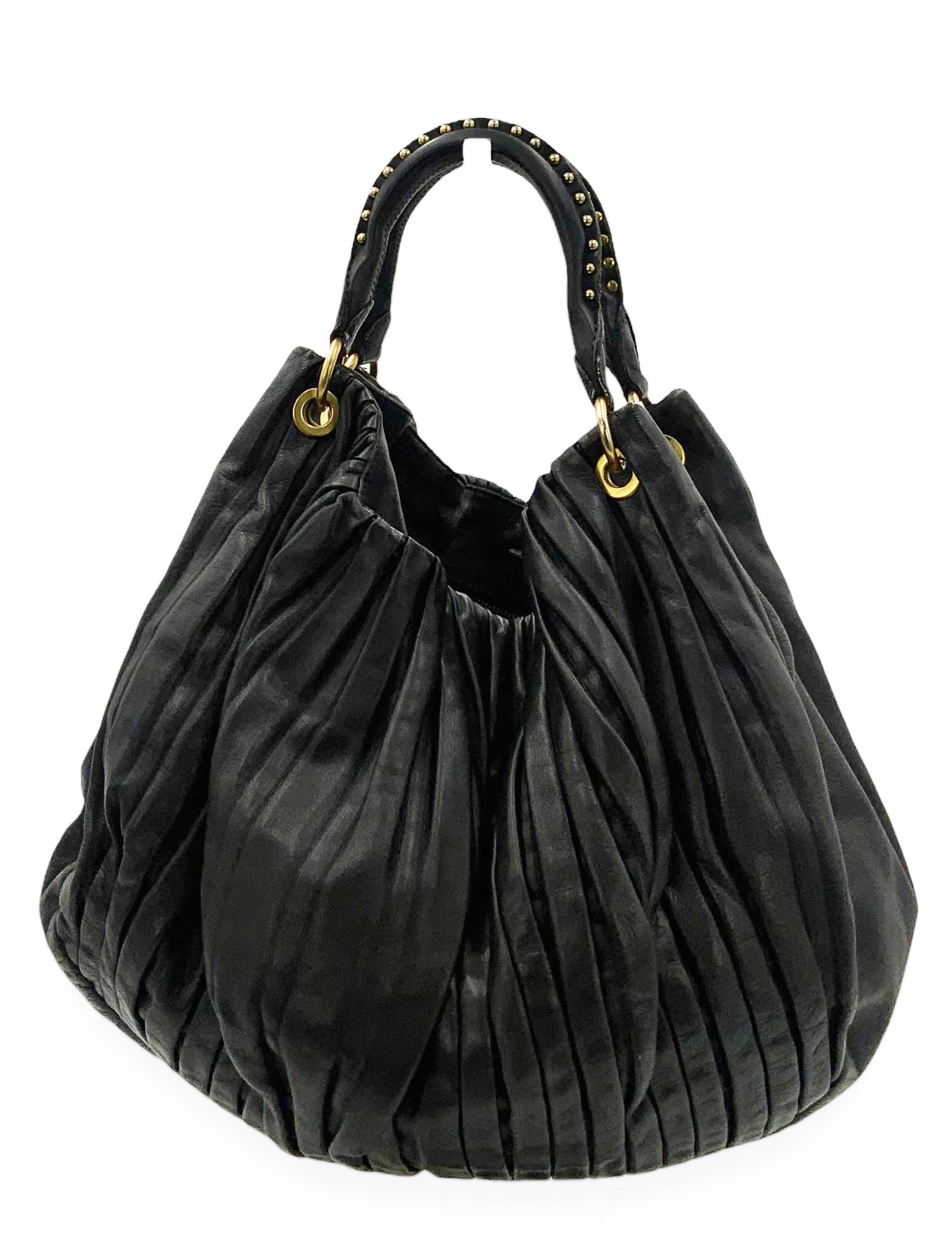 Black Pleated Leather Hobo Bag- "Miu Miu". (1 of 3)