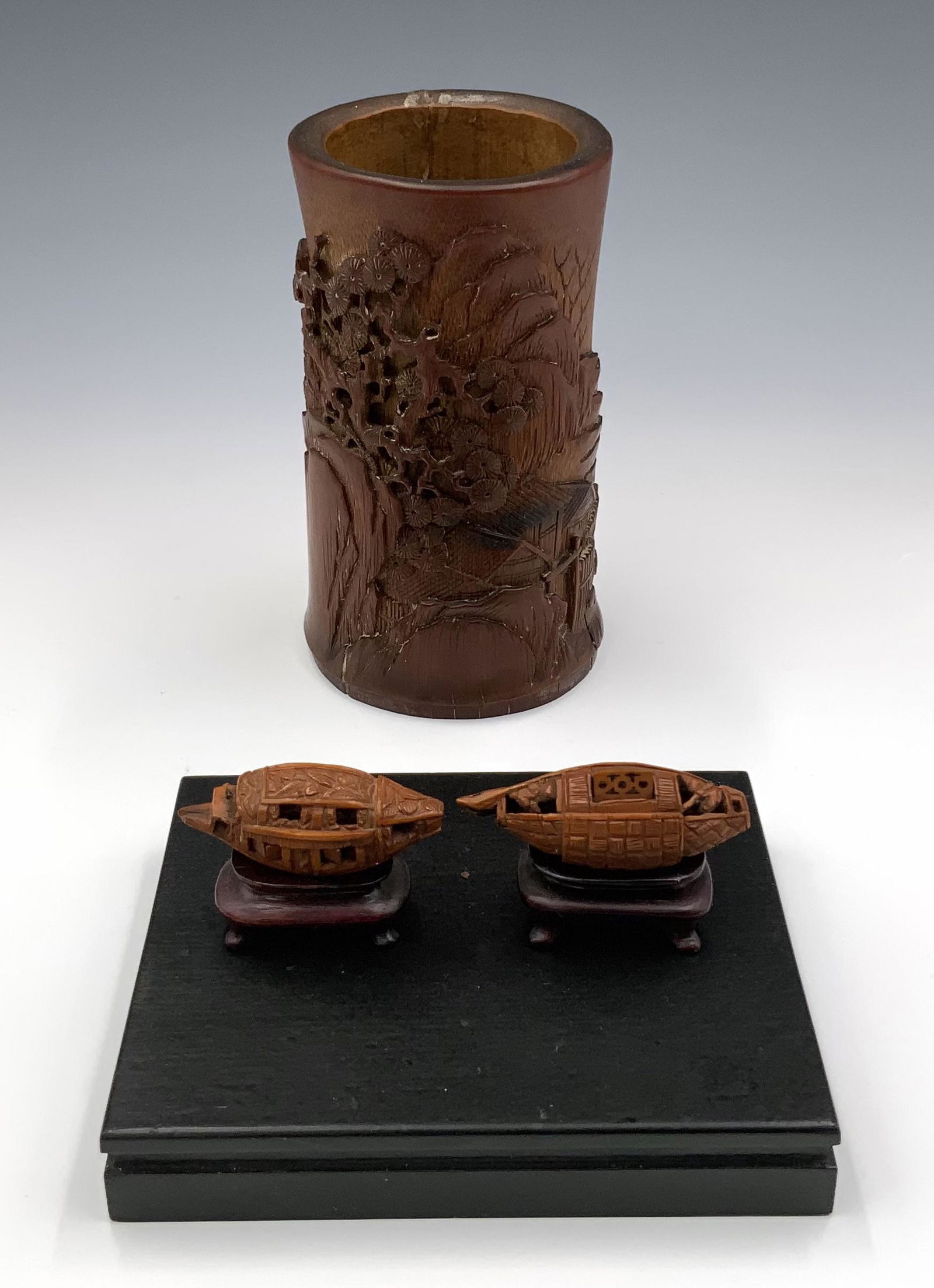 Chinese Carved Brush Pot & Carved Seed Pcs. (1 of 4)