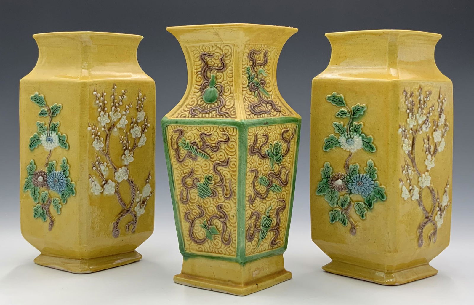 Lot of 3 Chinese Yellow High Glaze Pottery Vases. (1 of 5)