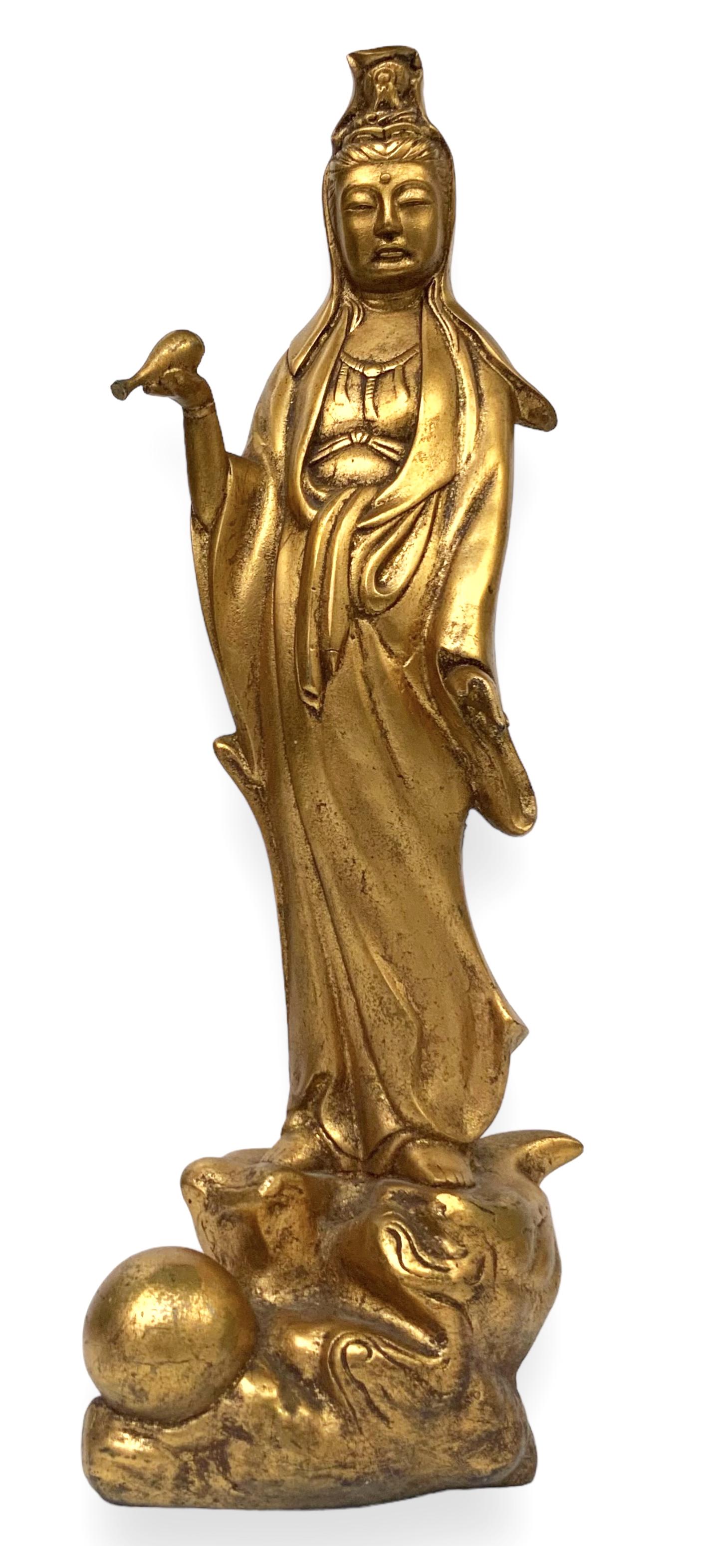 Painted Gold Iron Guan Yin Figure. (1 of 3)