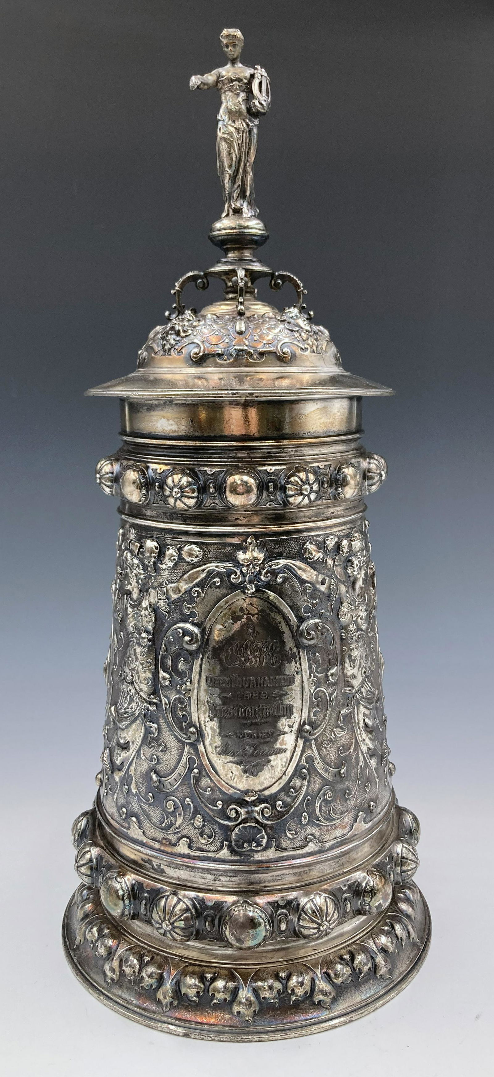 Antique Silverplate Golf Trophy Beer Stein. (1 of 6)