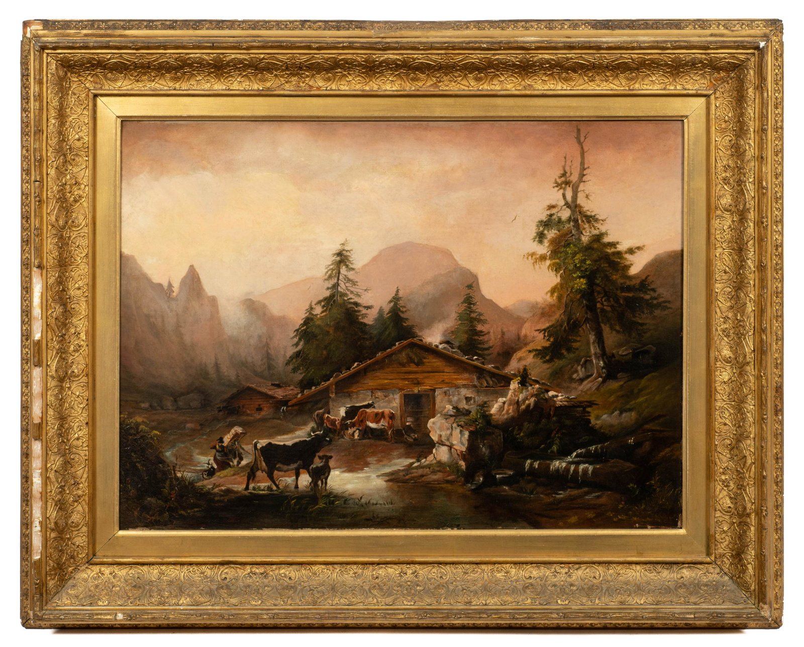 Antique Oil Painting of European Cottages w/ Cows.: The Painting is Oil on Canvas, Unsigned. The painting is in Good Overall Condition, but it does have a Rip (most easily seen from the back), which measures 3 1/4" Long, and a couple of patches on the 