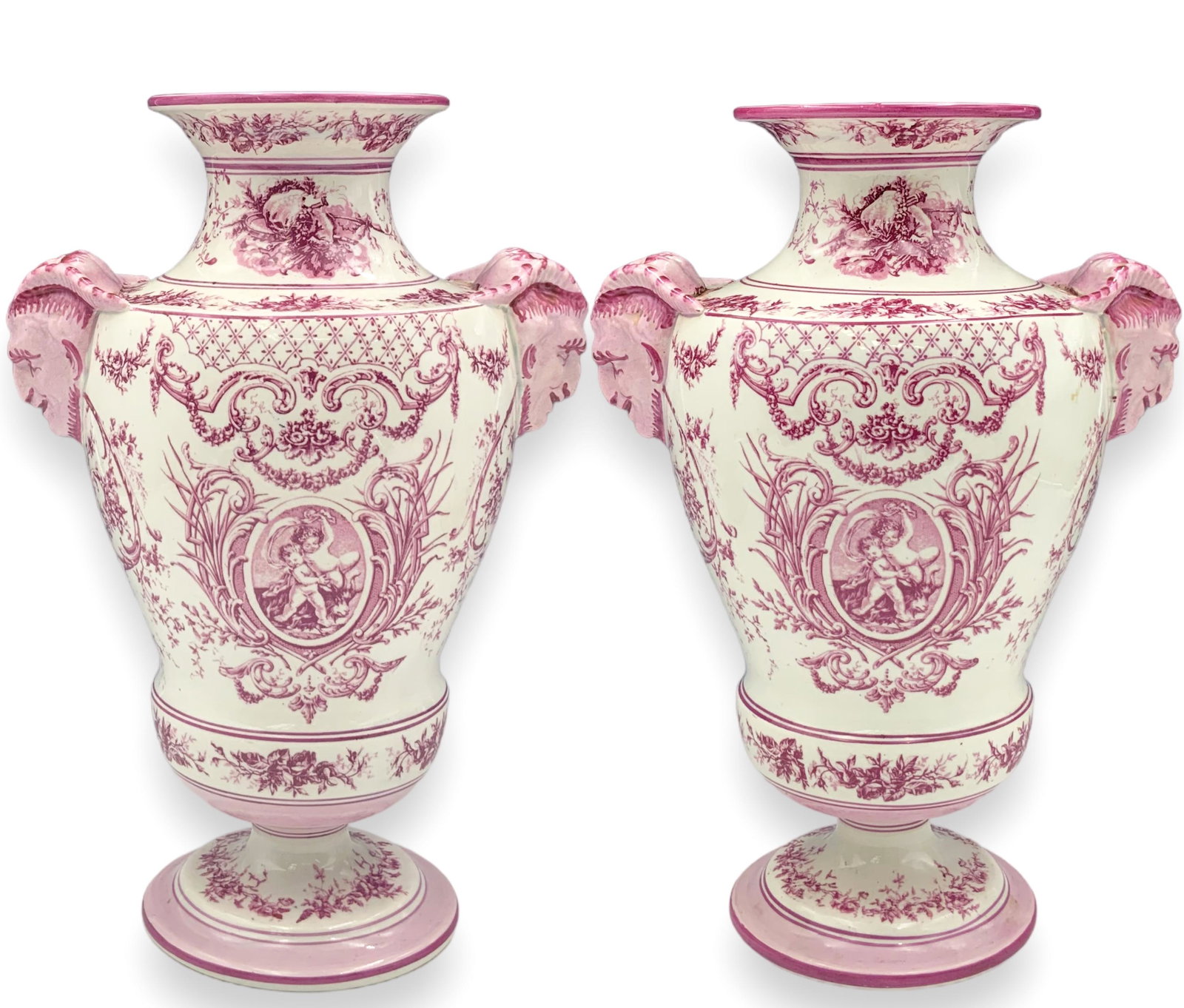 Pair of Gien Pink & White Urns w/ Satyr Faces. (1 of 4)