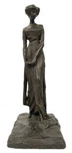 Sgd. Paul Troubetzkoy 22" Sculpture of a Woman.: Or, Paolo Troubetzkoy. The sculpture has a Bronzelike appearance, but it appears to be painted Plaster Terra Cotta. Some of the brown paint has peeled off, revealing the red areas on the underside, an