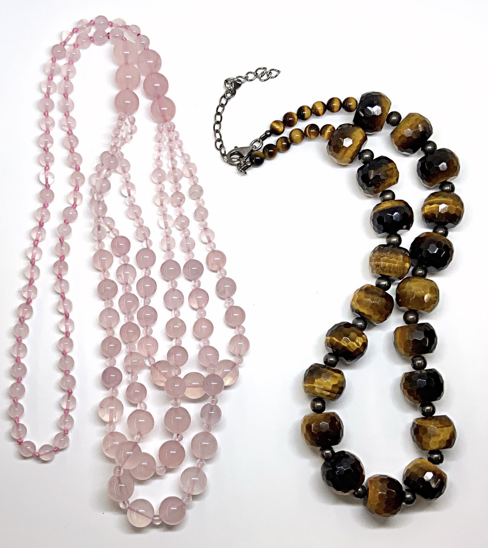Lot: 2 Necklaces: Tiger Eye & Rose Quartz. (1 of 1)