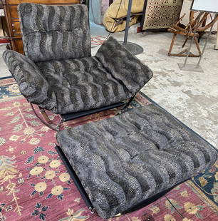 Lennart Bender for Charlton Apollo Chair & Ottoman: The Chair and ottoman have been reupholstered in sort of a leopard skin pattern print. They are both in Very Good overall Condition. The chair measures 36" Tall, 45" Wide, and 38" Deep. The ottoman me