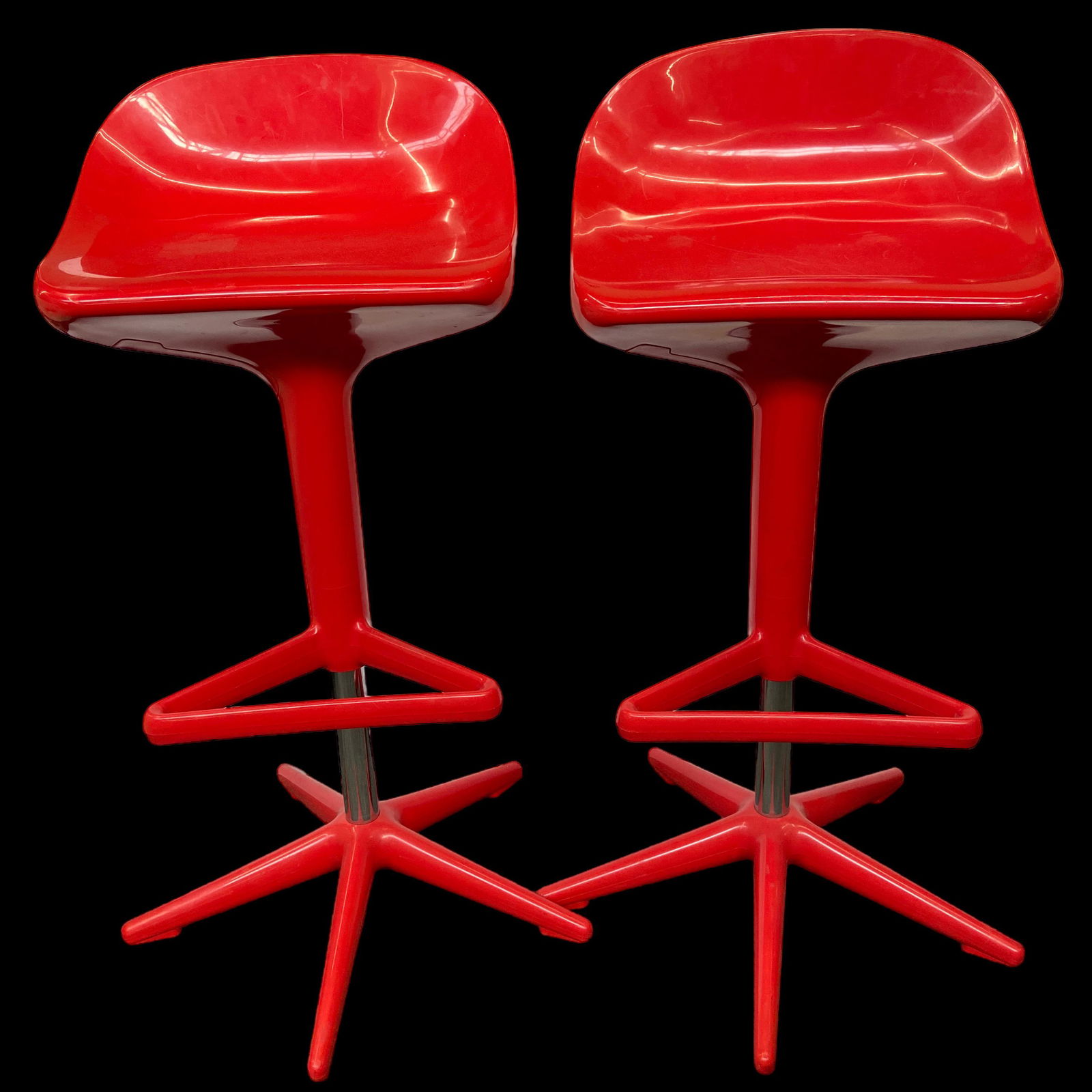 Pair of Kartell Red Swiveling "Spoon" Bar Stools. (1 of 3)