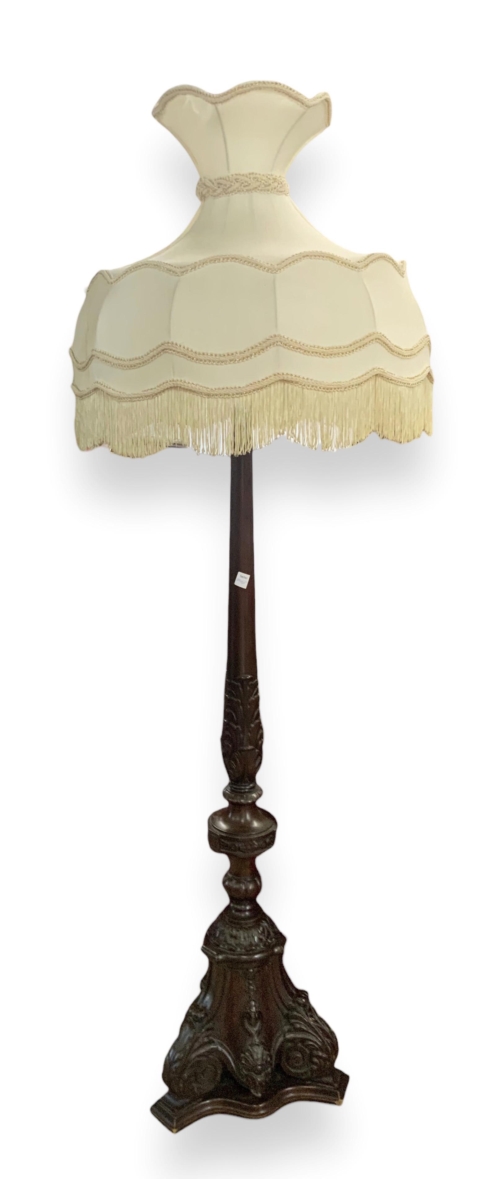 Antique Carved Wood Floor Lamp w/ Silk Shade. (1 of 3)