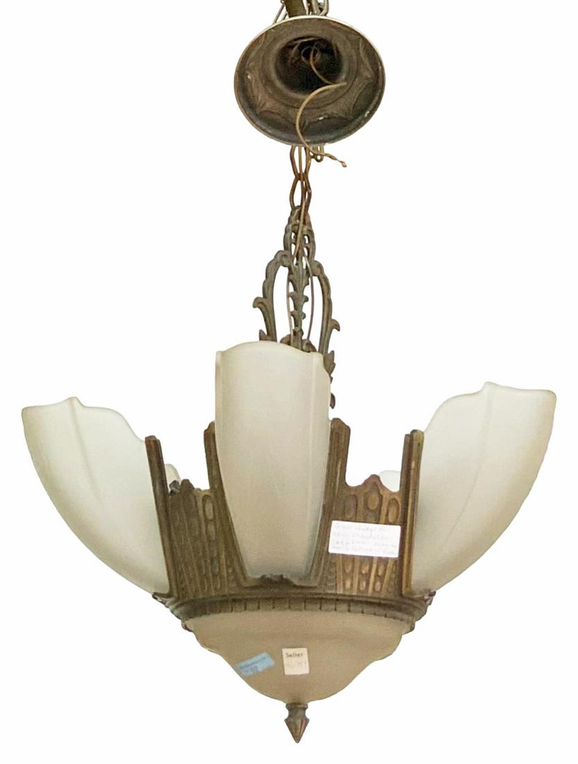 Art Deco 5 Light Hanging Fixture W/Slipshades.: The Ceiling cap is present. The fixture Appears to be in good overall condition. It measures 19" in diameter and 34" long. In-House Shipping is Available. Please see our Website regarding In-House Shi