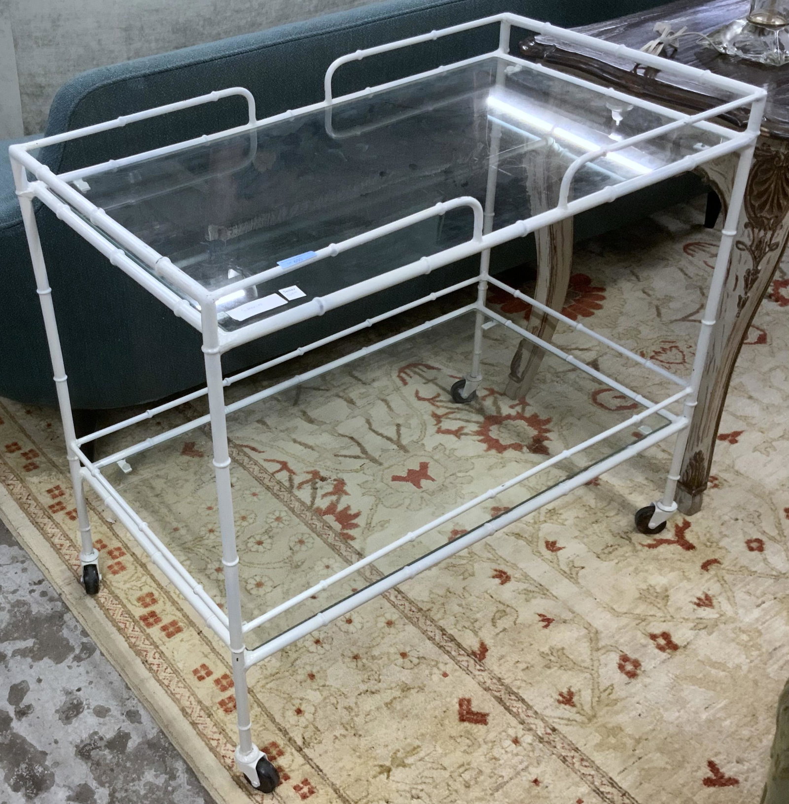 Salterini Bamboo-Style Metal & Glass Bar Cart.: This vintage cart has a little wear to the paint, but is in good overall condition. It measures 35" Wide, 31" High, and 19 1/2" Deep. Third-party freight shipping or personal pickup is required. Pleas