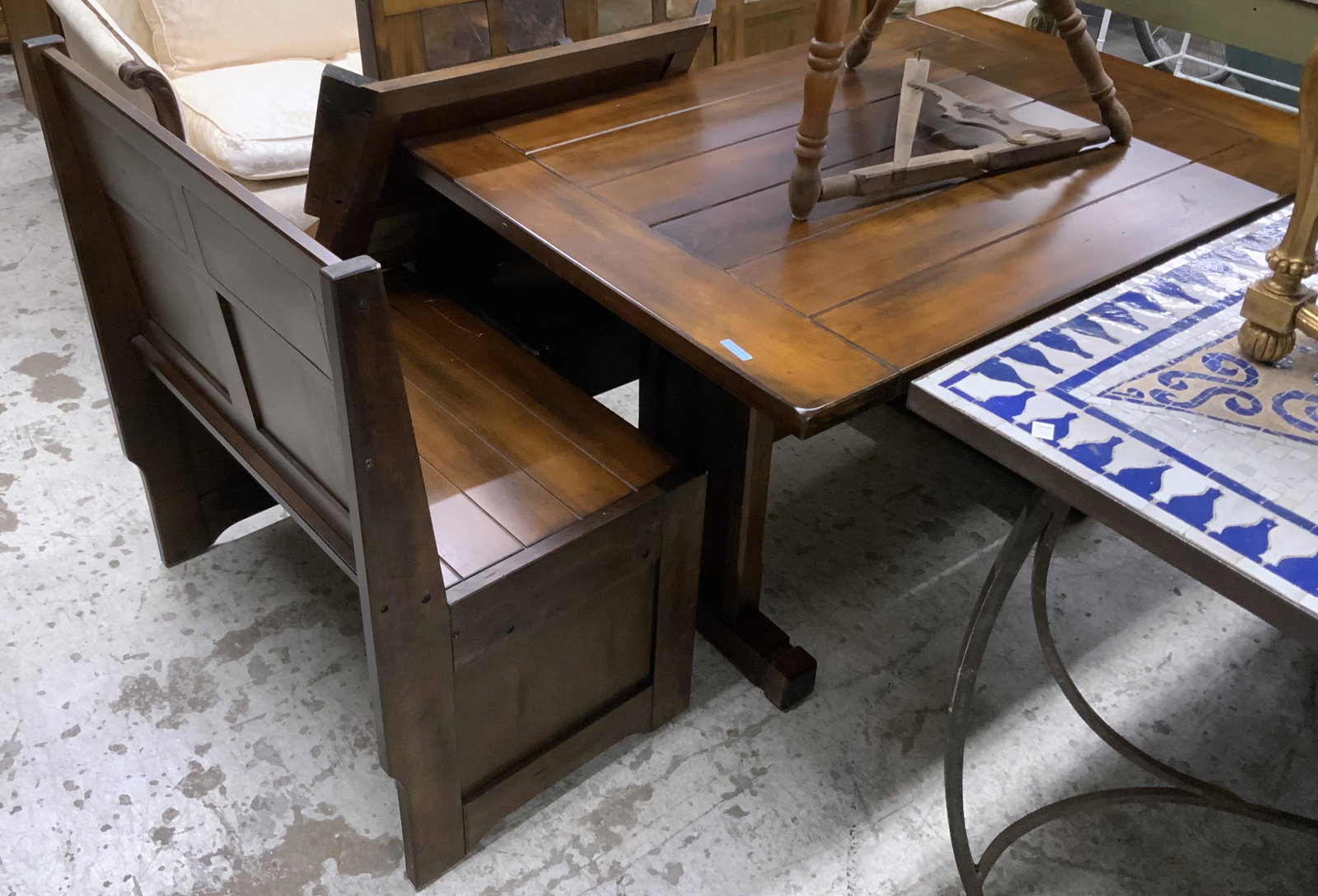 Wooden Kitchen Table Booth.: The Benches of these have Stone tiles inset in the backs. There are also some side pieces, which must have accomodated a custom kitchen design at one time. The Table measures 29 1/2" Tall, with a 49 1