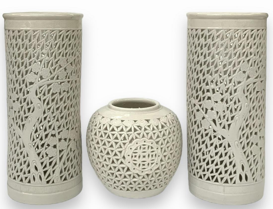 Lot of 3 White Chinese Openwork Porcelain Vases. (1 of 4)